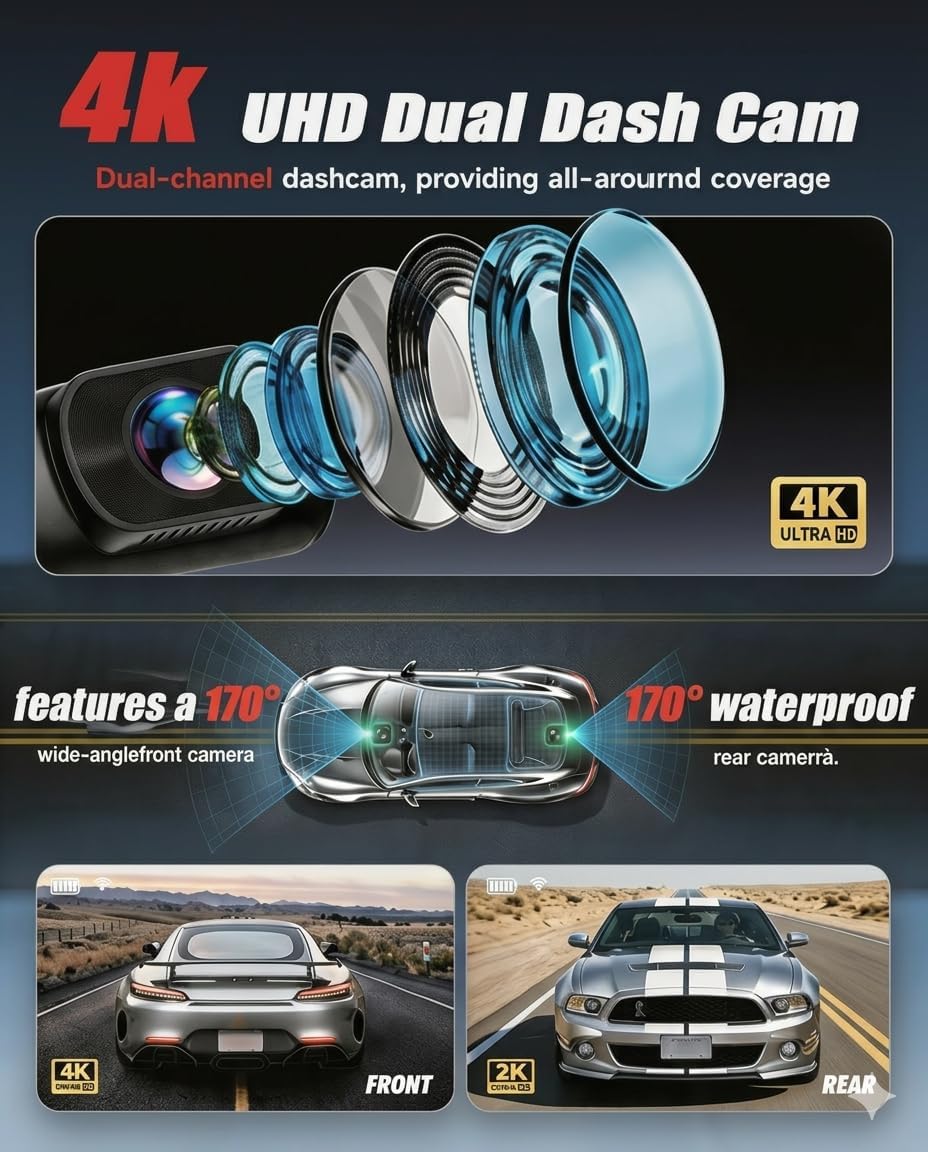 Condition photo showing New/Like New for hkoizbl 4k+2.5k dash cam front and rear, built-in 5g wifi, 32gb card included, 2'' ips screen dash camera for cars, starlight night vision, dual dashcam with wdr, loop recording, 24h parking monitor