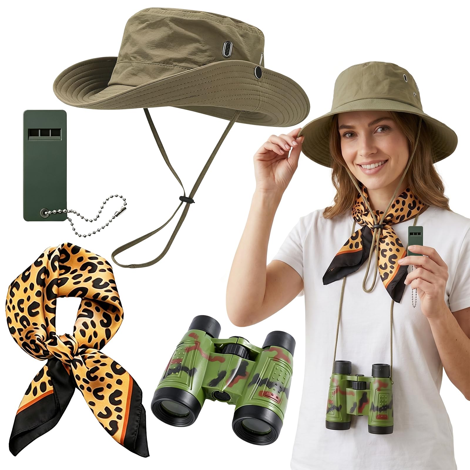 Guttiuaa 4 Pcs Safari Costume Accessories Set, Explorer Costume Kit with Safari Hat, Leopard Print Scarf, Binoculars, Whistle for Outdoor Adventures, Role Play