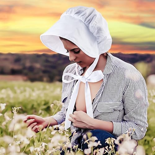 Vista 6 de ZJoey White Mob Cap Costume Pioneer Bonnet Women's Colonial Bonnet Grandma Night Hat Accessories with Adjustable Straps