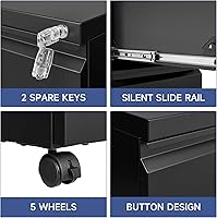 Vista 5 de Archivador móvil con cerradura, 2 cajones, pequeño gabinete rodante para oficina en casa, legal/carta/A4 (negro)