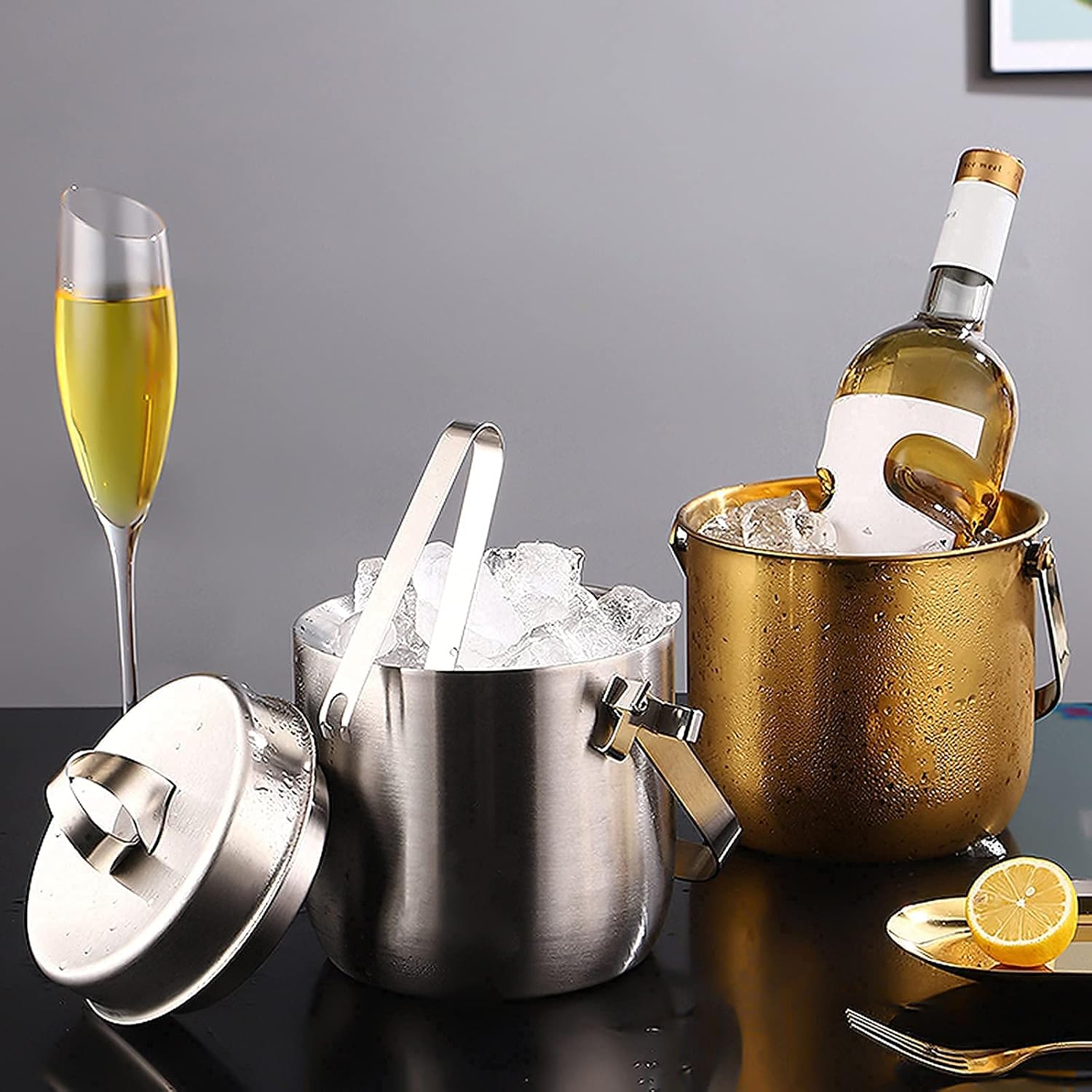 Ice Bucket,Double Walled Stainless Steel Insulated Buckets,Including Tongs and Lid,Comfortable Handle,Great fr Luxury Wine Cooler,Parties -1.5L/1.5L/1L