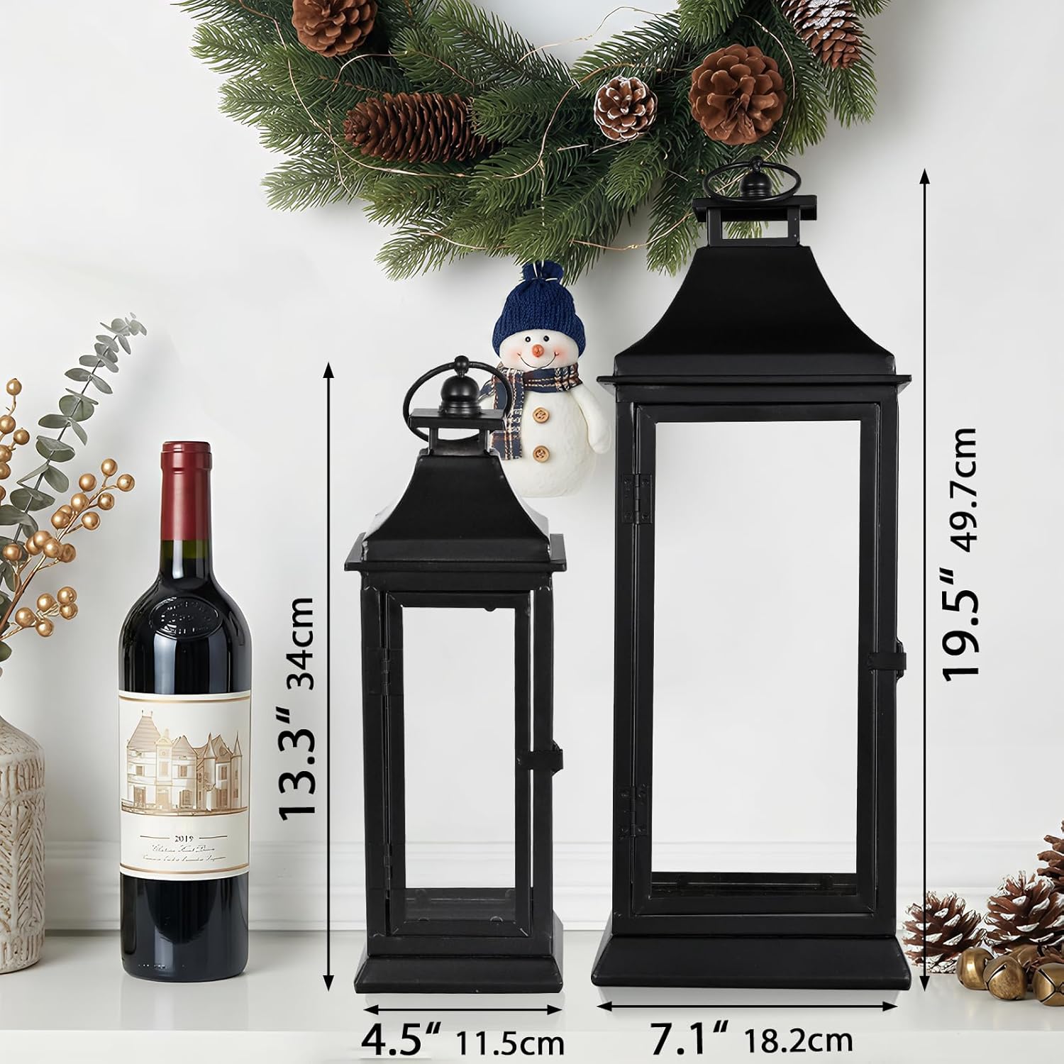 SwallowLiving Black Outdoor Lanterns Set of 2, 19.5" Large Decorative Lanterns with Glass Panels, Rustic Metal Candle Lantern Set for Porch Decor, Fireplace, Table, Indoor Black Lantern (No Candle)