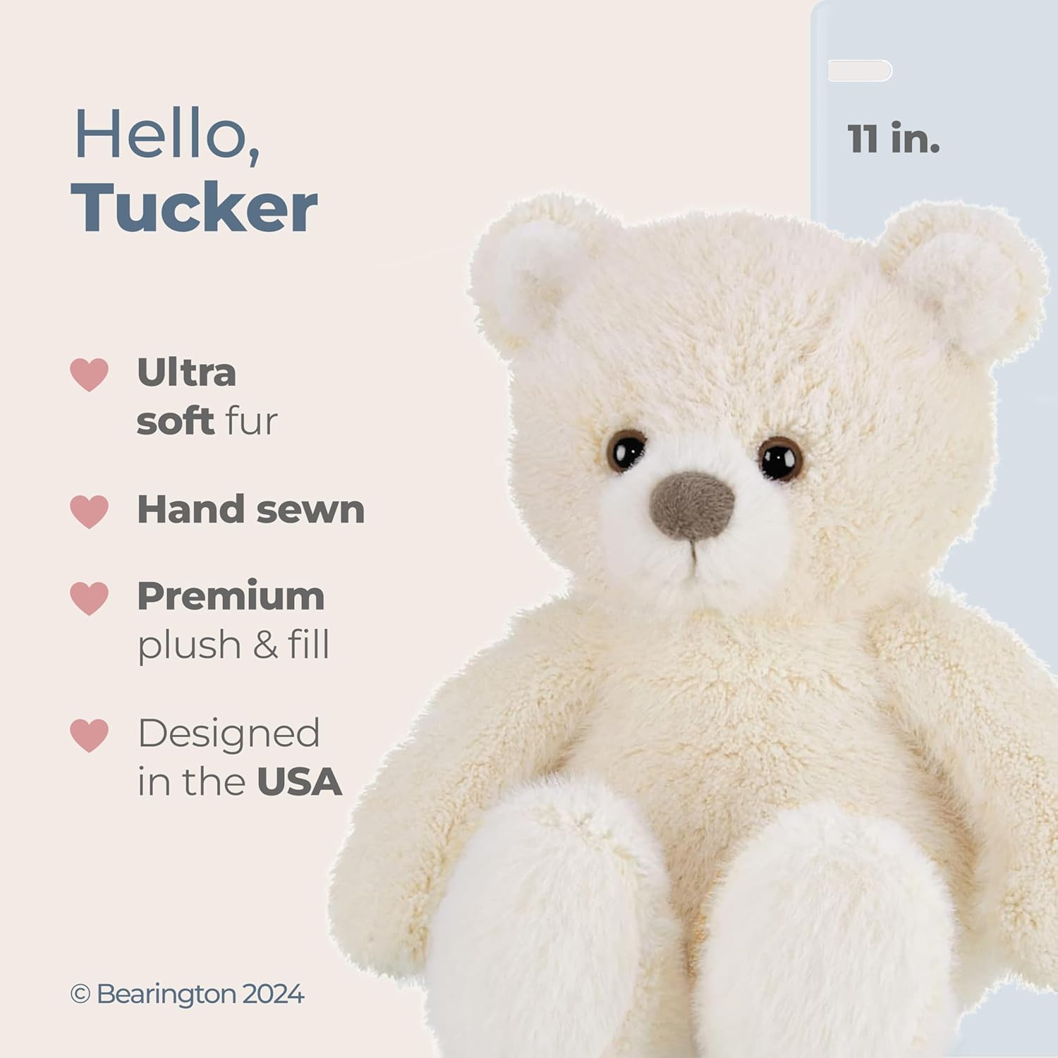 Bearington Tucker Off White Teddy Bear Stuffed Animal - 11" Soft Teddy Bear Plushies with Scruffy Fur and Weighted Body - Adorable Stuffed Bears Plush Toy Gift for Kids, Babies, and Animal Lovers