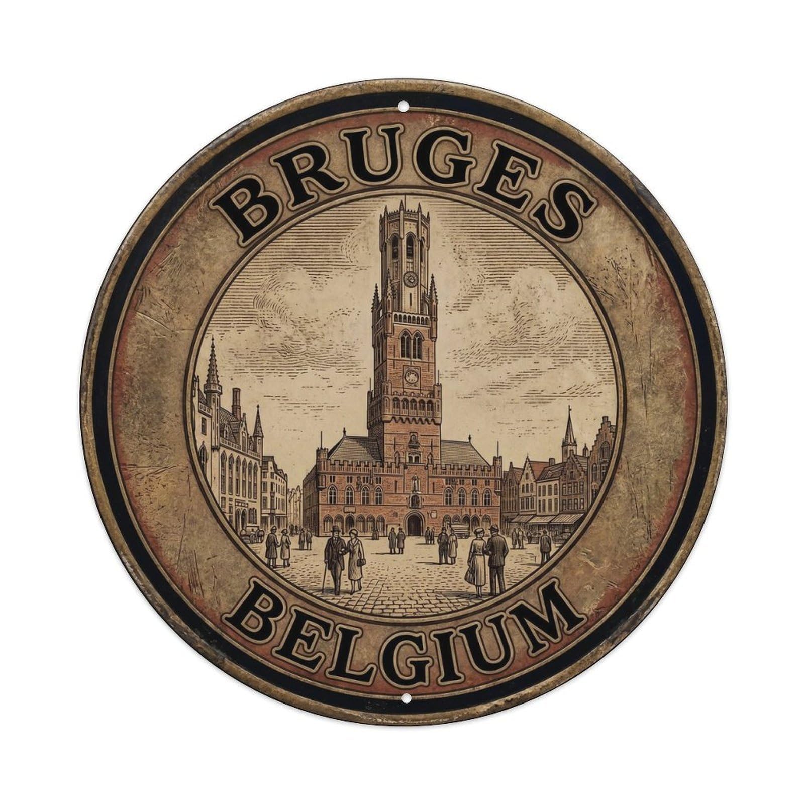 Travel Retro Belgium Bruges Round Vintage Metal Tin Sign Plaque Wall Decor for Cafe, Club Bar, Office, Garden Metal Poster 8x8Inch