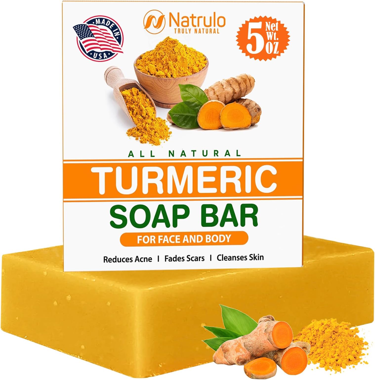 Natural Turmeric Soap Bar for Face & Body – Turmeric Skin Brightening Soap for Dark Spots, Uneven Skin Tone & Underarms – Exfoliating Face Wash Helps Improve Breakouts, & Cleanses Skin – 5oz Bath Bar