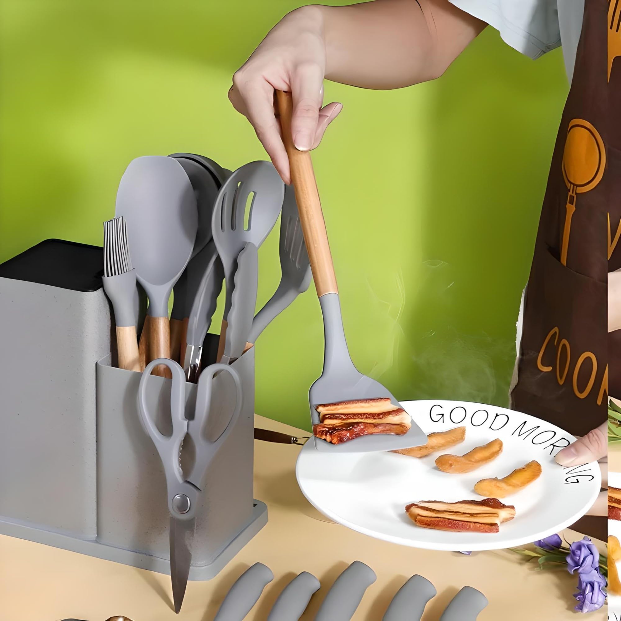 Set di utensili da cucina in silicone con set di coltelli con blocco - set di spatole - set di cottura - set di utensili da cucina in acciaio inox con supporto - set di utensili da cucina -