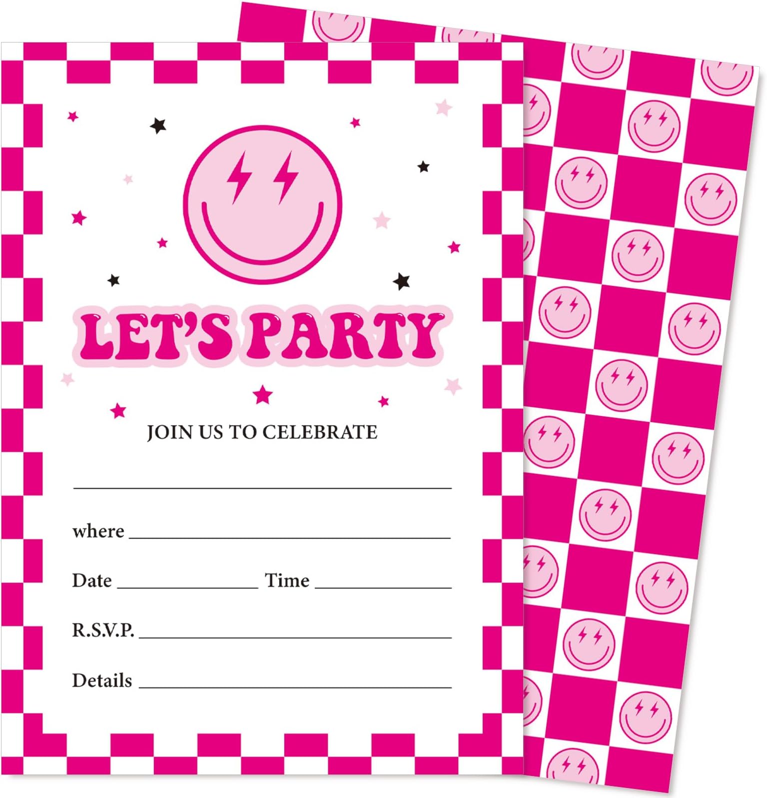 JarThenaAMCS 25 Set Hot Pink Smile Face Party Invitations with Envelopes Retro Groovy Birthday Pink Checkered Happy Face Invites for Wedding Celebration Preppy Party, 5 x 7 Inch