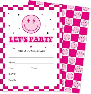 JarThenaAMCS 25 Set Hot Pink Smile Face Party Invitations with Envelopes Retro Groovy Birthday Pink Checkered Happy Face Invites for Wedding Celebration Preppy Party, 5 x 7 Inch