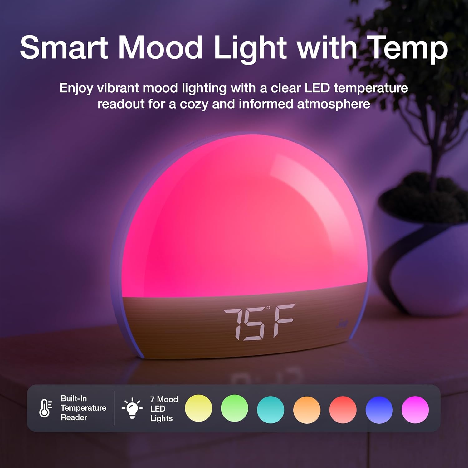 Sealy Sunrise Alarm Clock displaying temperature and mood lights