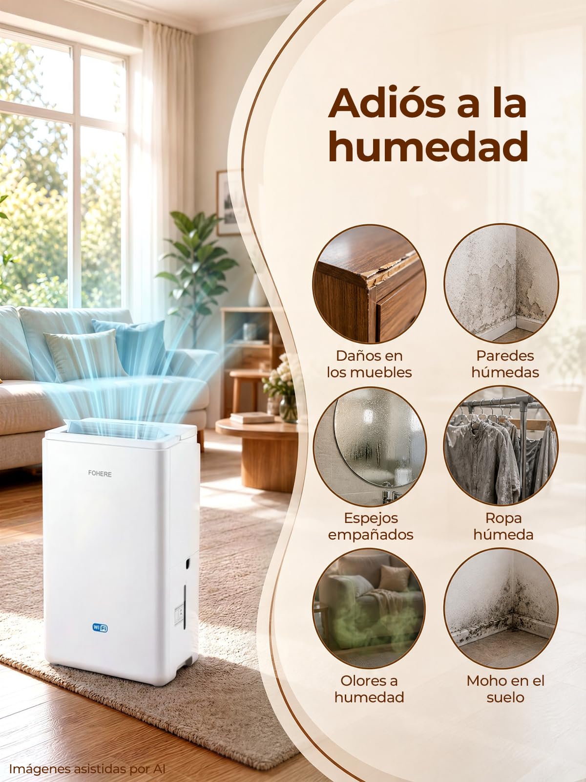 FOHERE Deshumidificador de aire Inteligente WiFi 20L/24H, Deshumidificador para Habitaciones hasta 50m², Gran Depósito 4,2L y Manguera, Oscilación, Secado de Ropa, Temporizador 24H Antimoho