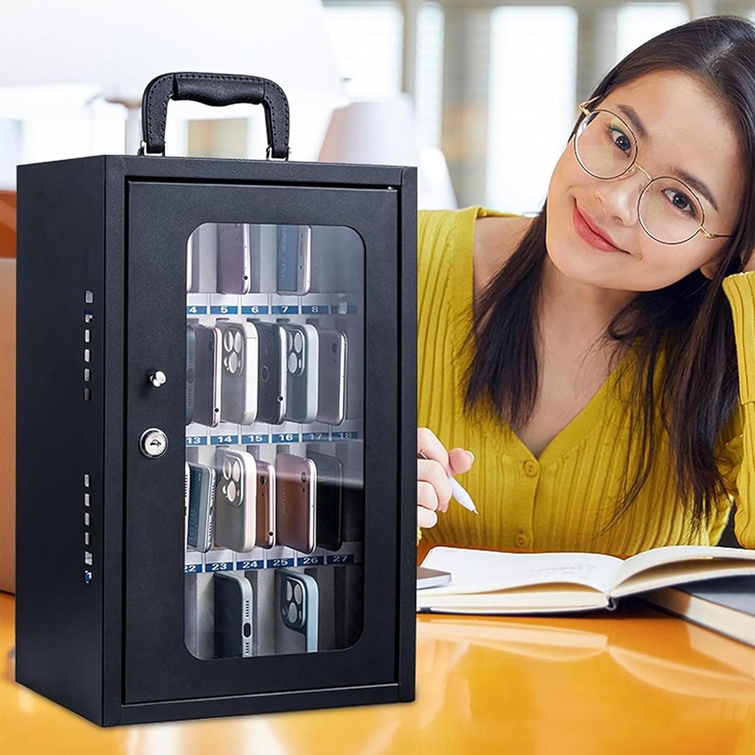 Phone Storage Cabinet School Mobile Phone Safe Deposit Box Metal Durable Mobile Phone Storage Box Mobile Phone Storage Cabinet with Lock,Black,12 bits