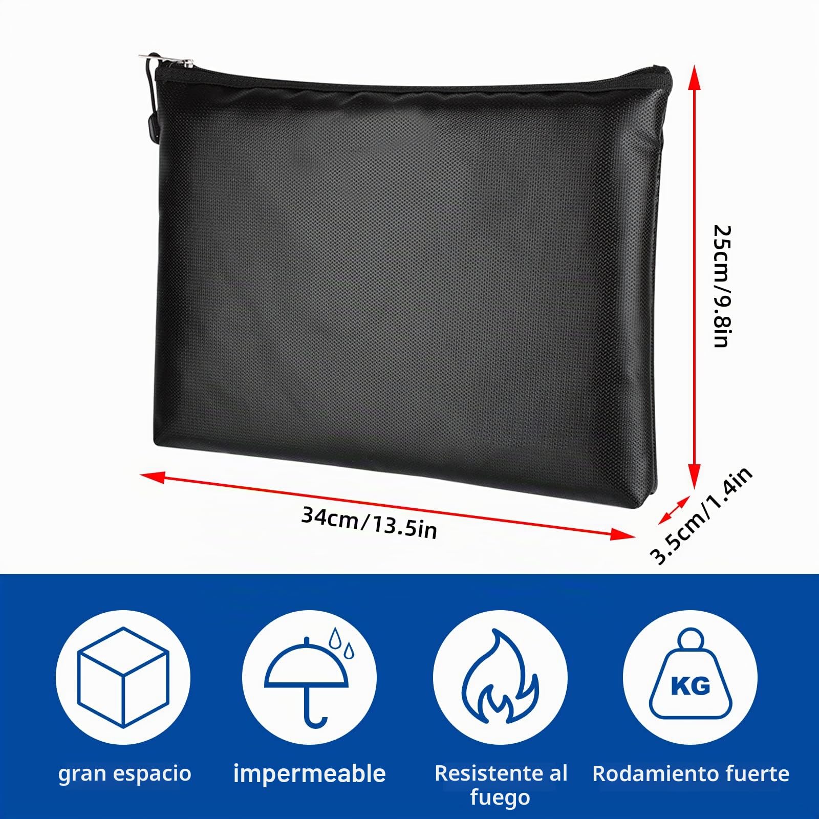 Bolsa de documentos, caja fuerte, ignífuga, impermeable, ignífugo, para documentos A4, bolsa de almacenamiento con cremallera (2 unidades 34 x 25 cm)