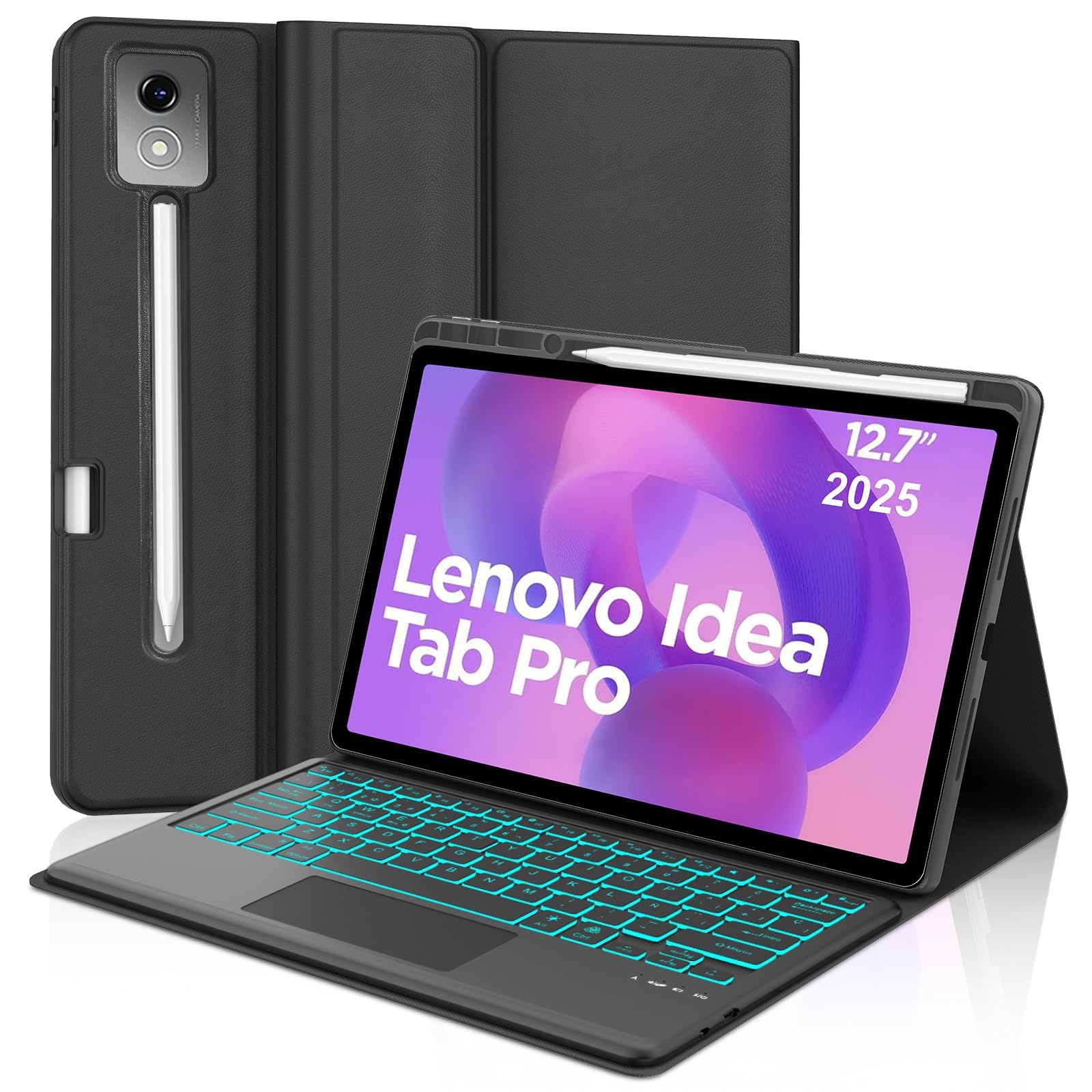 Funda Teclado con Trackpad para Lenovo Idea Tab Pro 12.7 Pulgadas, Español Ñ Teclado Bluetooth Desmontable con Retroiluminación de 7 Colores y Trackpad para Lenovo Idea Tab Pro 2025 12.7", Negro