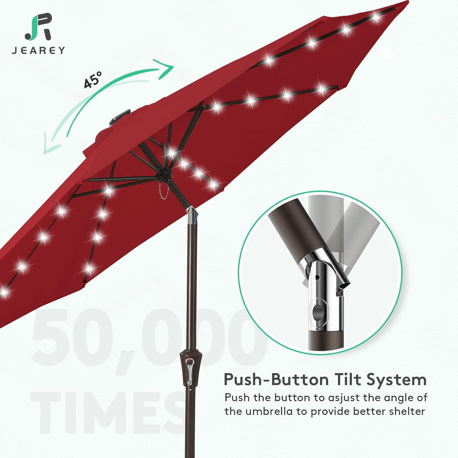 JEAREY Upgrade 10FT LED Lighted Patio Umbrella, Solar Outdoor Umbrella, Tilt Table Umbrella for Pool(Red)