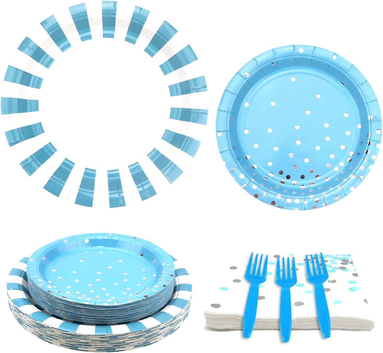 KEFAN Light Blue Stripe Birthday Party Supplies, Blue Stripe Party Decorative Plate Set Includes 9 Inch Plate, 7 Inch Plate, Paper Towel, Fork for Boys Birthday Party Baby Shower (Blue)
