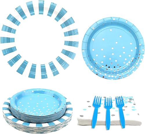 Miniatura 8 de KEFAN Suministros para fiesta de cumpleaños de rayas rosa claro, juego de platos decorativos de fiesta de rayas rosas incluye plato de 9 pulgadas,