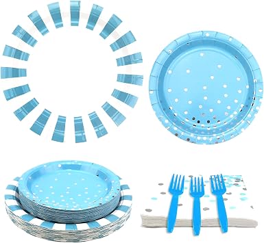 KEFAN Light Blue Stripe Birthday Party Supplies, Blue Stripe Party Decorative Plate Set Includes 9 Inch Plate, 7 Inch Plate, Paper Towel, Fork for Boys Birthday Party Baby Shower Blue