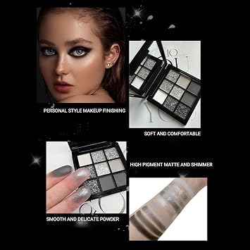 9 Color Smokey Eyeshadow Palette, Black, Grey & Silver Eye Shades Halloween Shadow, Long Lasting, Waterproof, Highly Pigmented Black Eyeshadow Palette for Women, Matte Shimmer Glitter