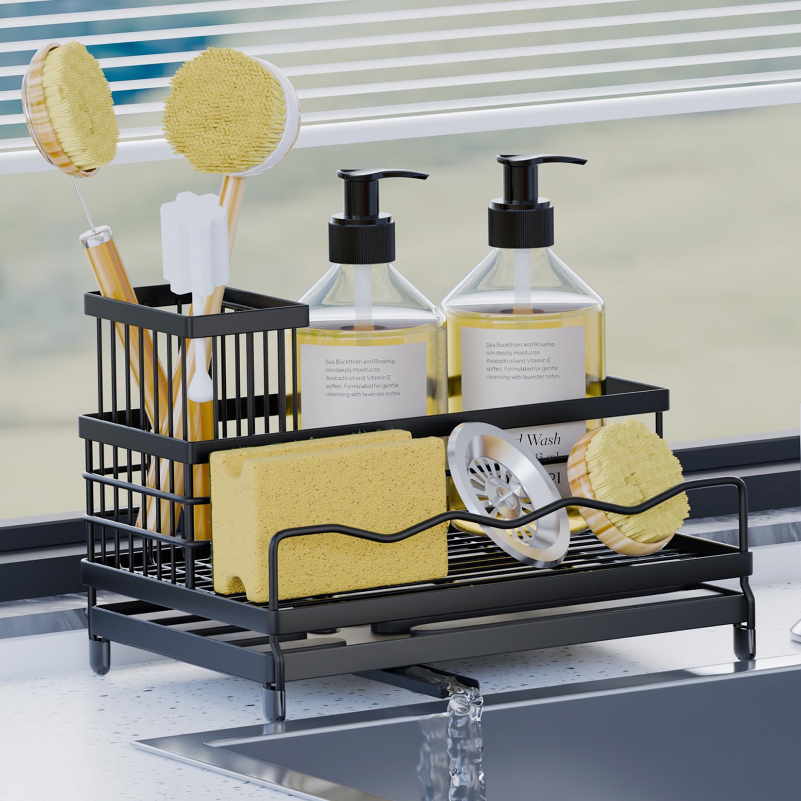 Sponge Holder for Kitchen Sink Caddy with Tall Brush Holder Quick-Drain Tray 360 Swivel Spout Stainless Steel Sink
