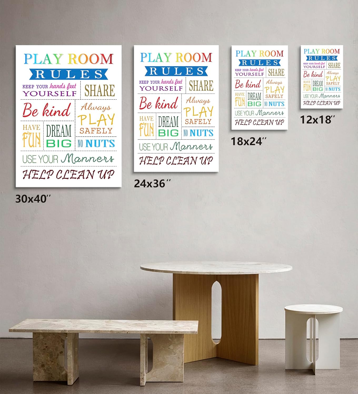 Kpasnd Rainbow Playroom Rules Wall Art - Kids Decor for Toddler Playrooms - Playroom Essentials with Poster Hanger Frame