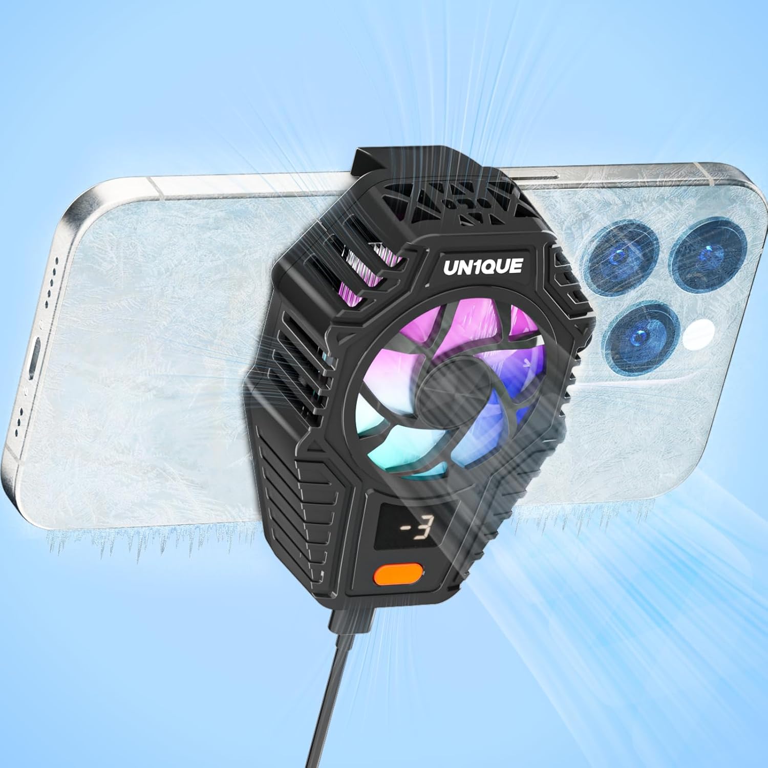 UN1QUE Cell Phone Cooler, RGB Phone Cooling Fan, Gaming Cooler 3 Speed Adjustable with Semi-Conductor Cooling Chip, Phone Radiator with Temperature Display for Mobile Gaming