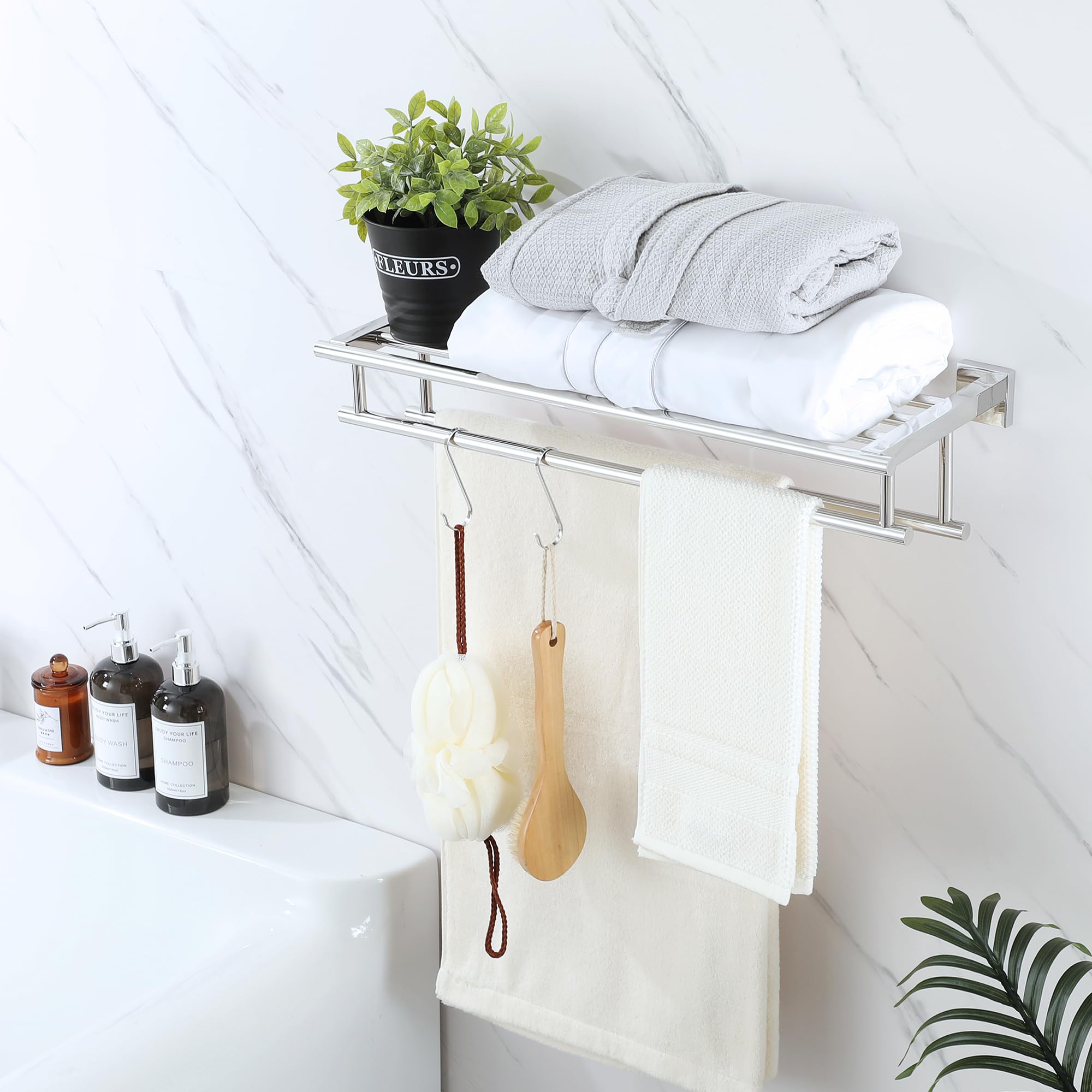 SAYAYO Double Barre Porte Serviette Mural de Salle de Bain, Support Serviette avec Étagère en Acier Inoxydable pour Cuisine Toilette, Longueur 60CM Chrome Poli, EGZ8000-C
