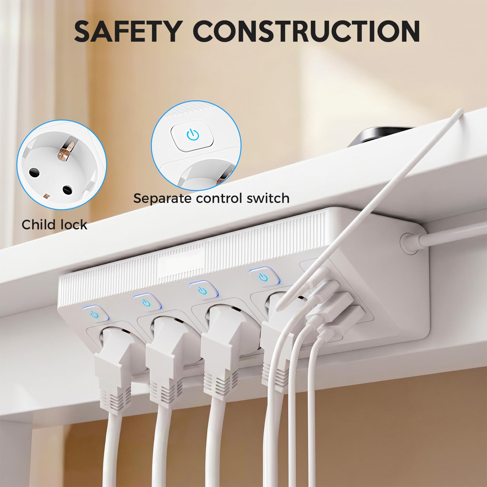 Multipresa a 4 prese con USB-C e Interruttori Indipendenti | Multipresa da Scrivania 4 porte USB, Multipresa con protezione da sovratensioni, 3680W, 16A, 2m, per cucina, casa e ufficio