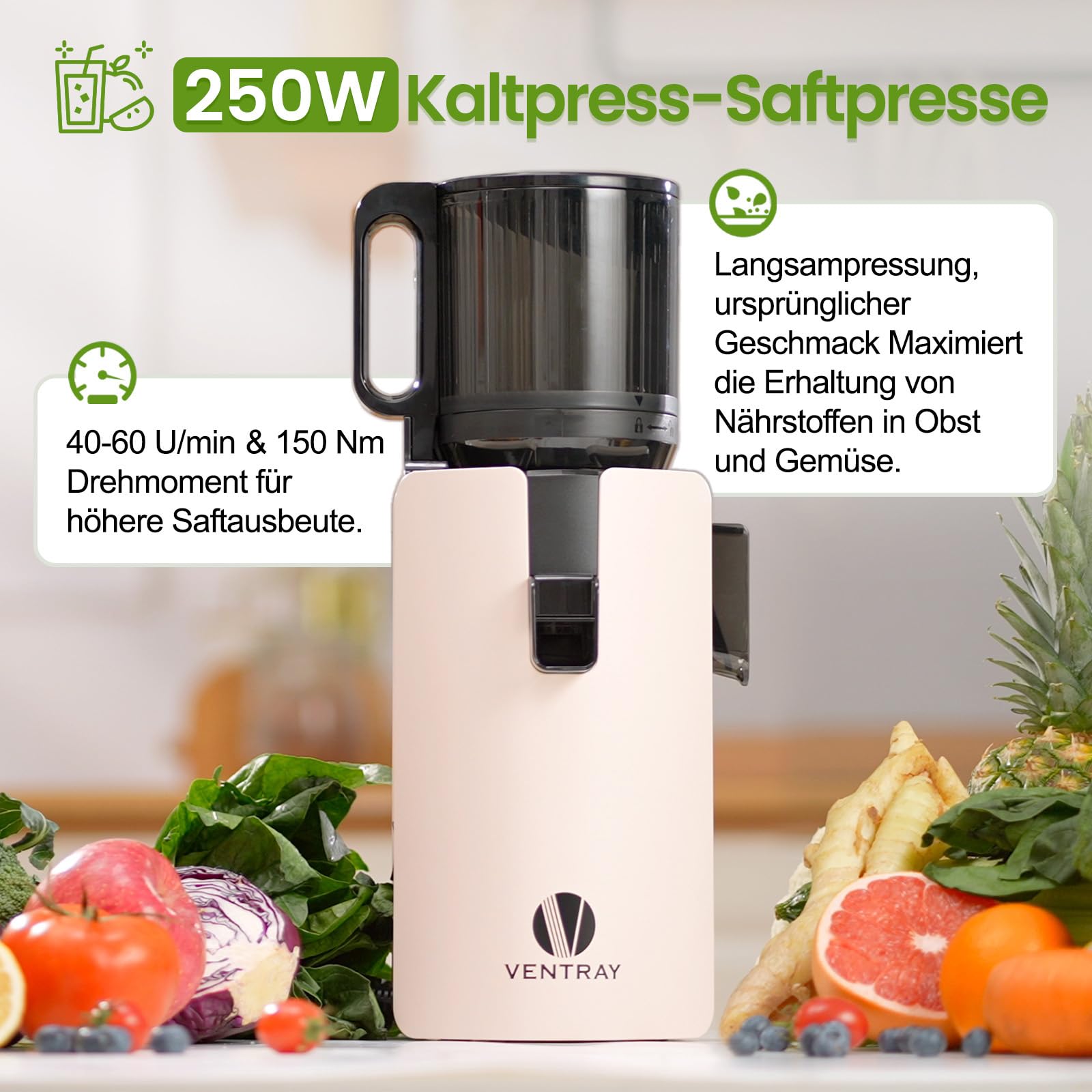 Ventray Ginnie Slow Juicer Entsafter | Elektrische Saftpresse mit 120mm Einfüllschacht für ganze Früchte & Gemüse | Doppelte Filterung | BPA-frei und einfach zu reinigen (Elfenbein)