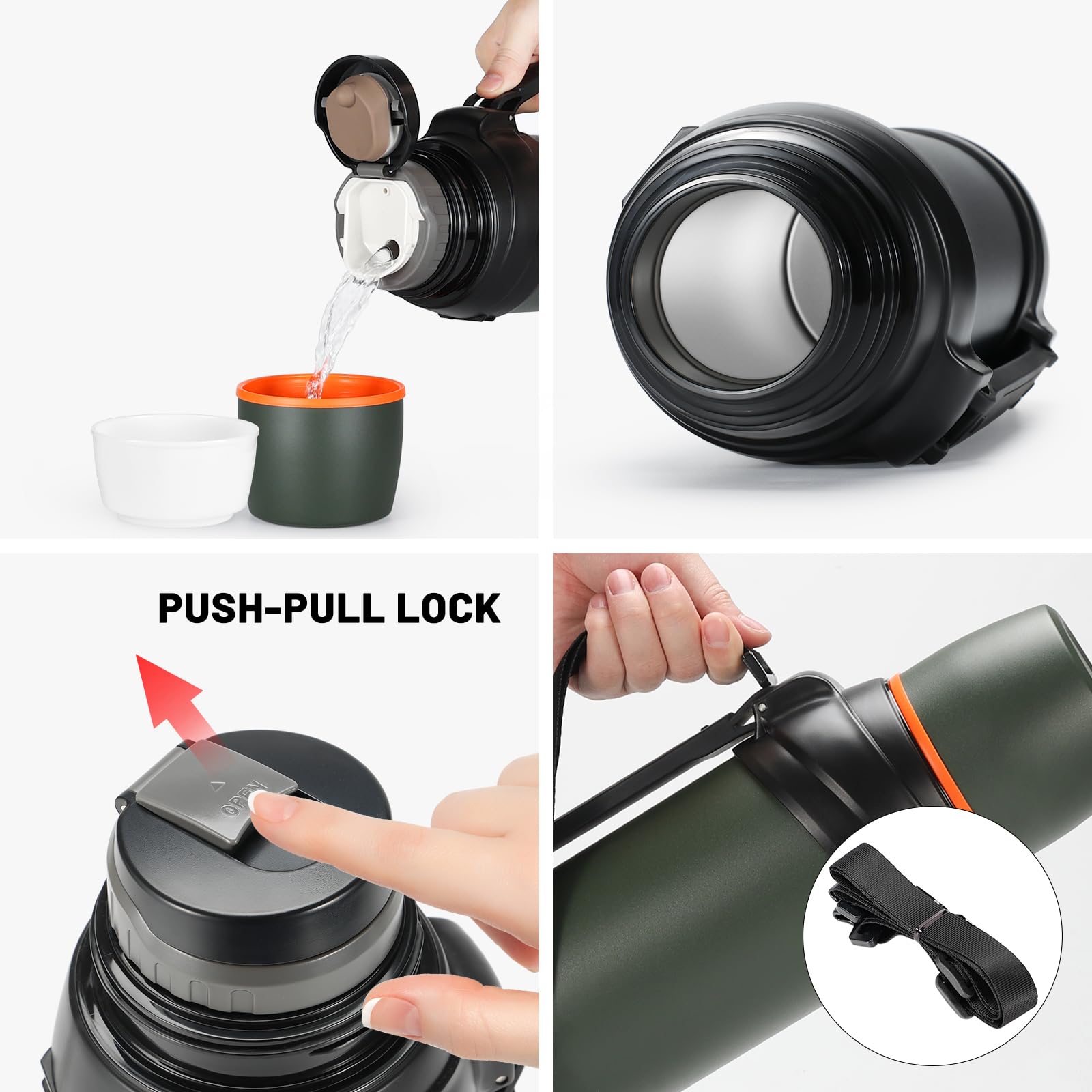 Grande bouteille thermos à café de 1,8 l pour voyage – Bouteille isotherme classique avec tasse en plastique – Bouteille de boisson isotherme en acier inoxydable de 2 L pour la randonnée, la