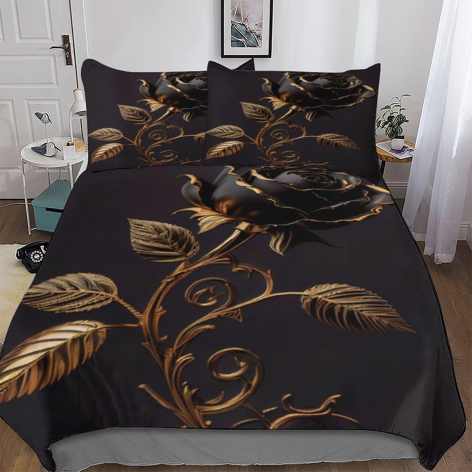 LLXXHH Black Rose Bedding Set Duvet Cover with Pillowcase Soft Microfiber Comforter Cover 3pcs For Boys, Girls And Teenagers Double (200x200cm)