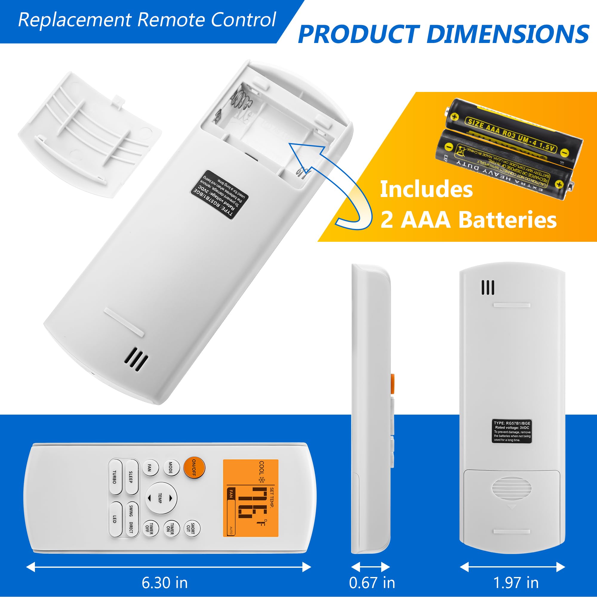Mando a distancia de repuesto inteligente compatible con aire acondicionado Midea RG57/BGE Ac, incluye 2 pilas AAA, piezas de aire acondicionado portátiles 3