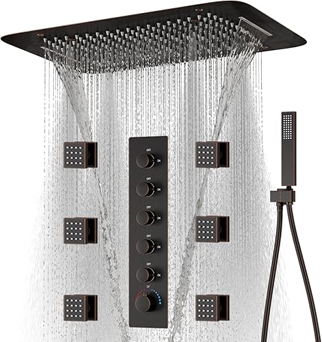 WHSHOWER Sistema de ducha termostático con chorros de pulverización corporal ORB de 16 x 24 pulgadas, juego de grifo de ducha de cuerpo completo 3