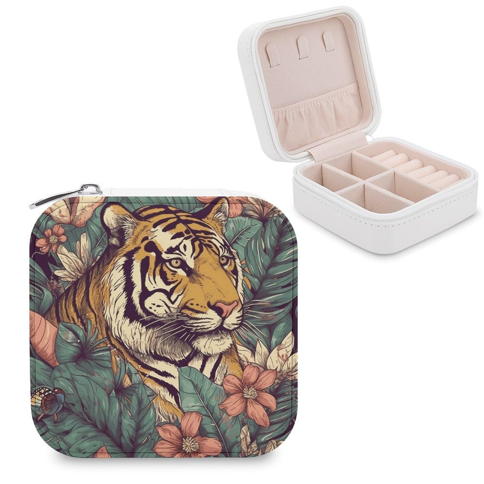 VstaDank Tropical Tiger Travel Jewelry Case Small Portable Jewellry Organizer Box PU Leather Organizer Boxes Personalized Jewellery Storage Holder Gift for Womens Rings Earrings