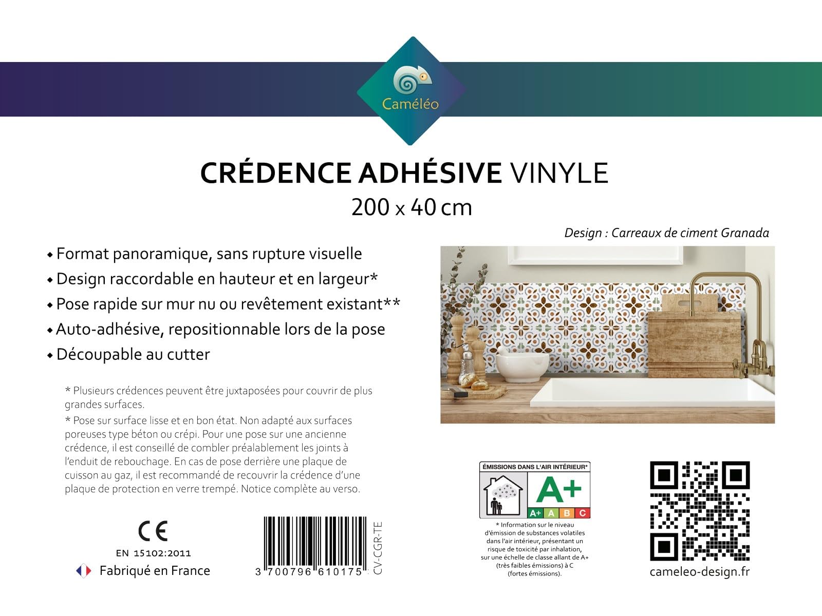 CAMELEO Crédence cuisine adhésive vinyle effet carreaux de ciment Granada, 200 x 40 cm - Convient aussi comme adhésif décoratif pour meuble - résistant et imperméable
