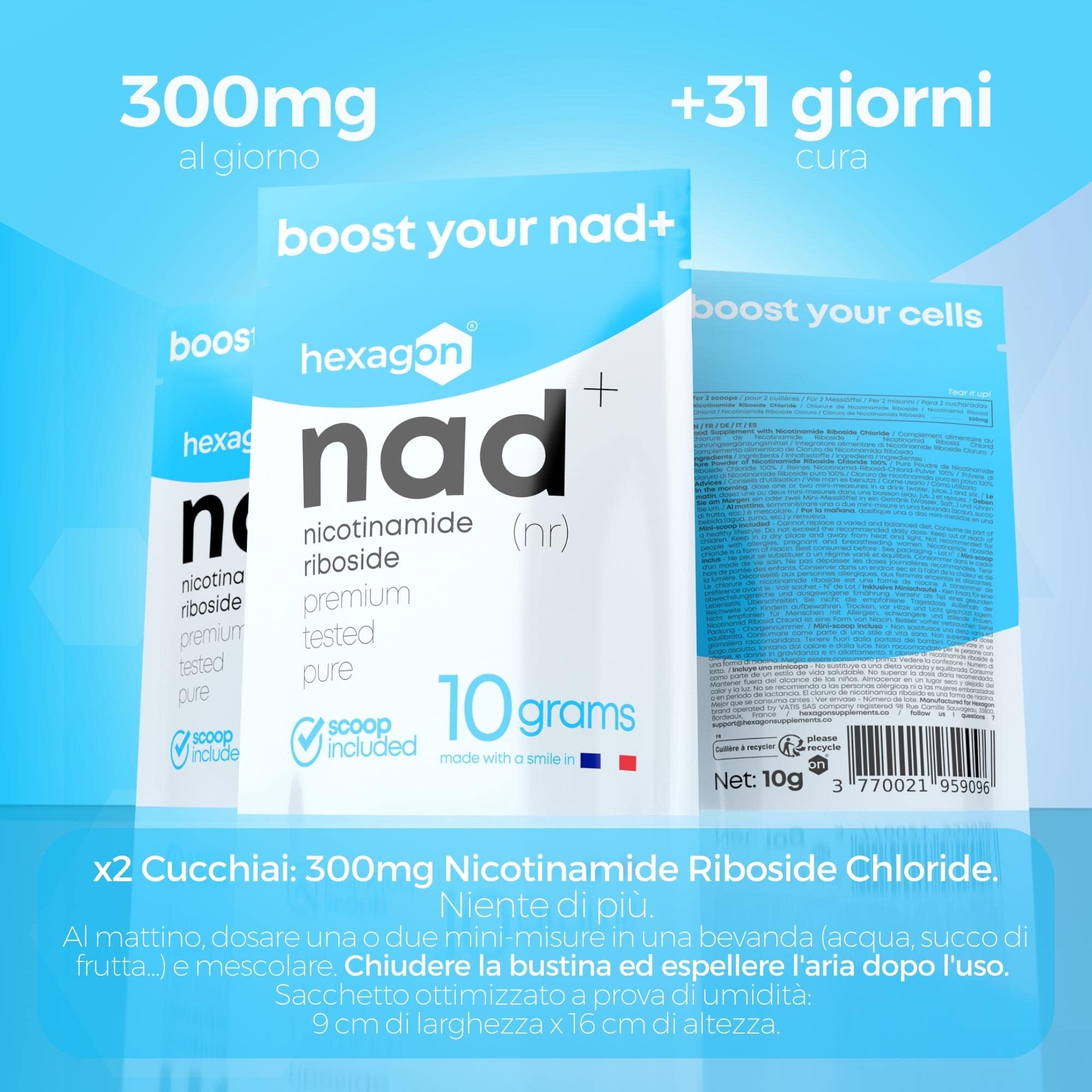 NAD+ Nicotinamide Riboside Chloride - Polvere 10 Grammi - +31 Giorni di Cura - Contro l'Età e la Stanchezza, NAD Booster - Made in France - Hexagon
