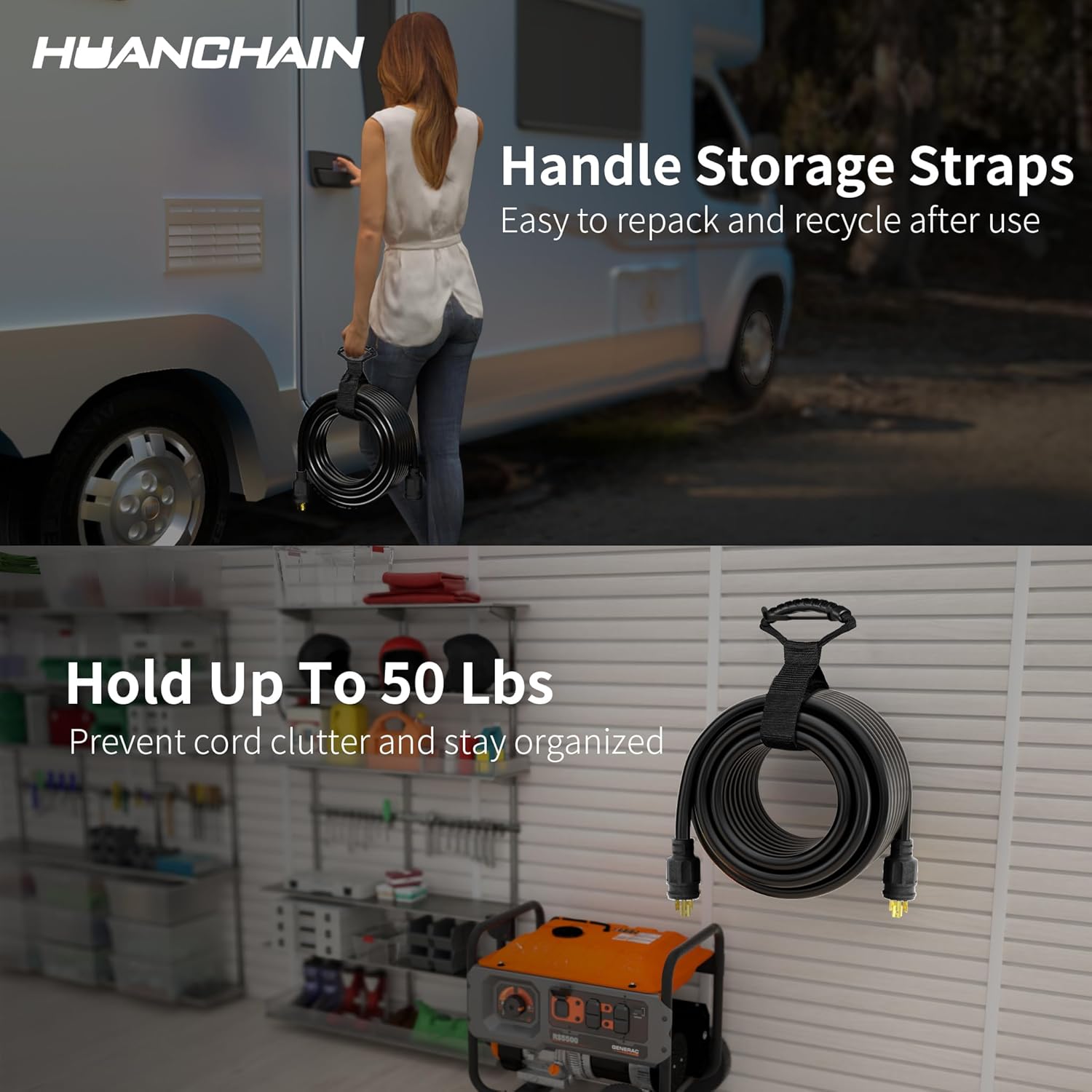 huanchain L5-30P/L5-30R 3 Prong 30 Amp Generator Cord 50 FT, Heavy Duty 10AWG 125V 3750W SJTW, Black Locking Generator Extension Cord Waterproof, ETL Listed