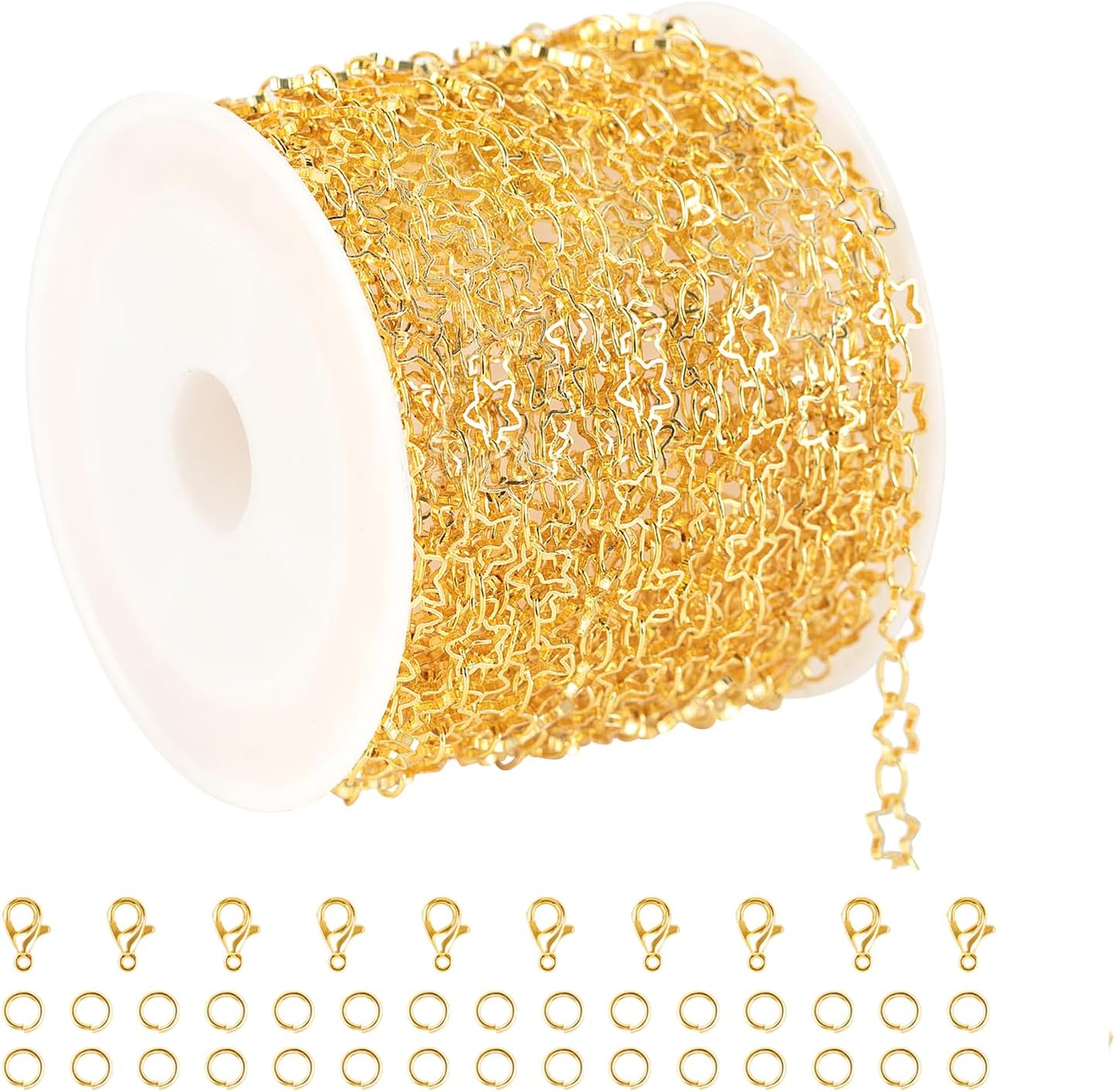 KYUNHOO 5 Meters Necklace Chains for Jewelry Making Hollow Star Link Chain on Spool 18K Gold Plated Jewelry Chain Roll with Lobster Clasps Jump Rings Handmade Craft Making Supplies