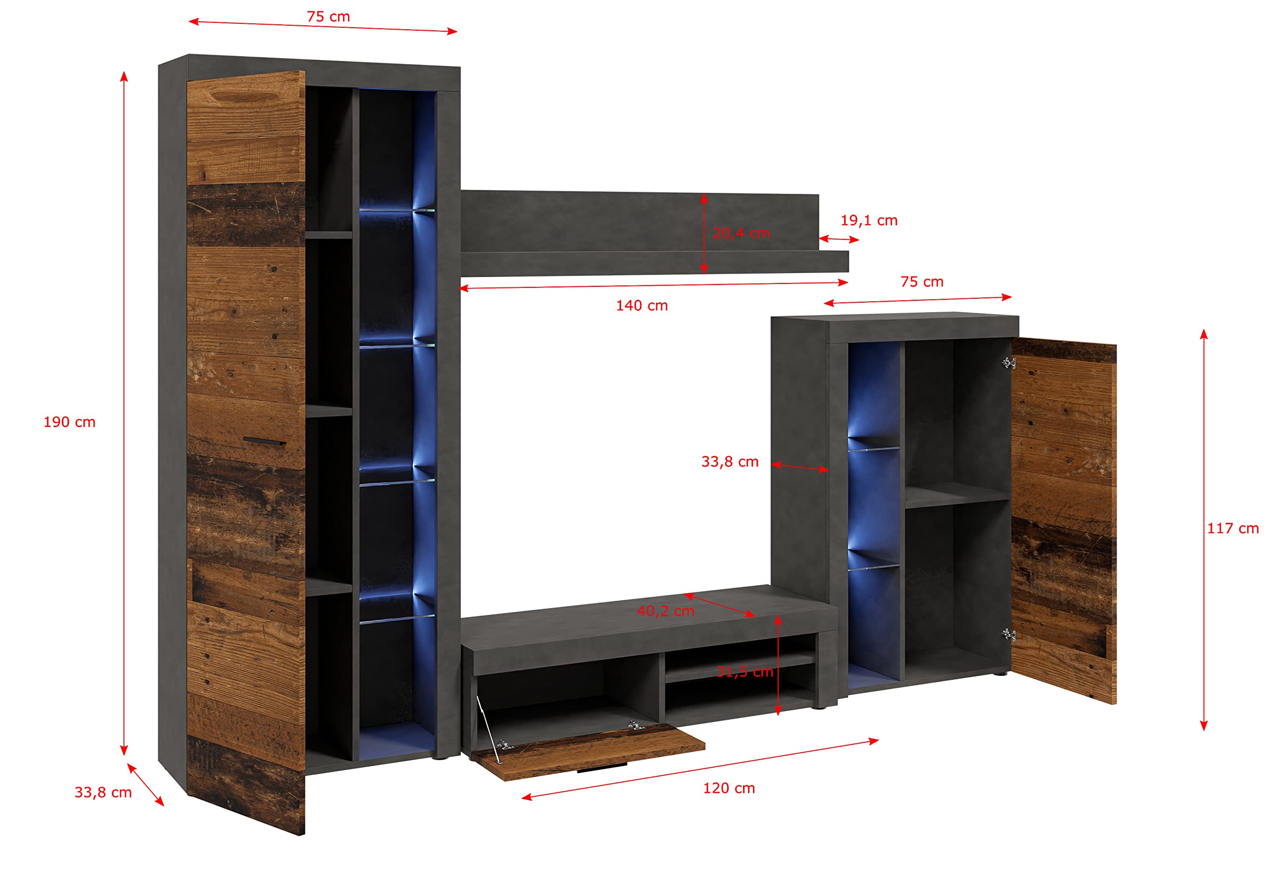 Furnix NEU Wohnwand RIVAY Mediawand Betonoptik Wohnzimmer 4-TLG Komplett-Set mit LED - TV Lowboard, Highboard Vitrine, Wandregal Freistehend - B 270 x H 190 x T 40,2 cm, Farbe Old Wood/Matera