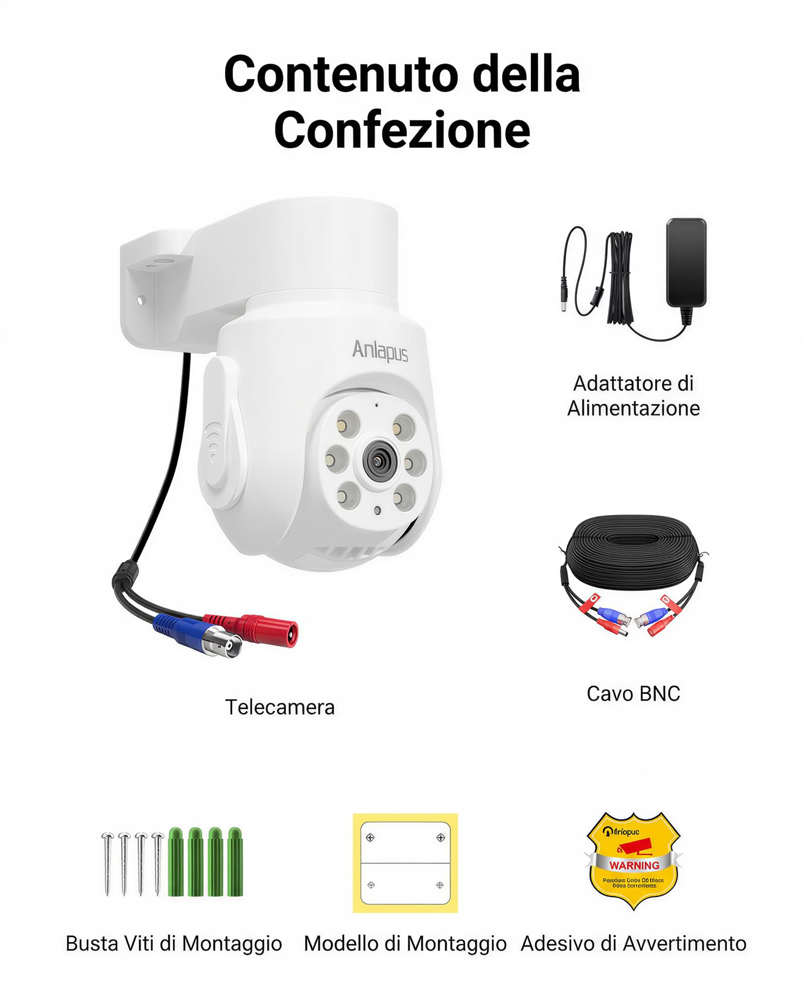 Anlapus Telecamera di sorveglianza a cupola TVI da 5 MP, con alimentatore di rete e cavo BNC, telecamera audio orientabile a 360°, visione notturna IR da 20 m, telecamera aggiuntiva per sistema DVR da