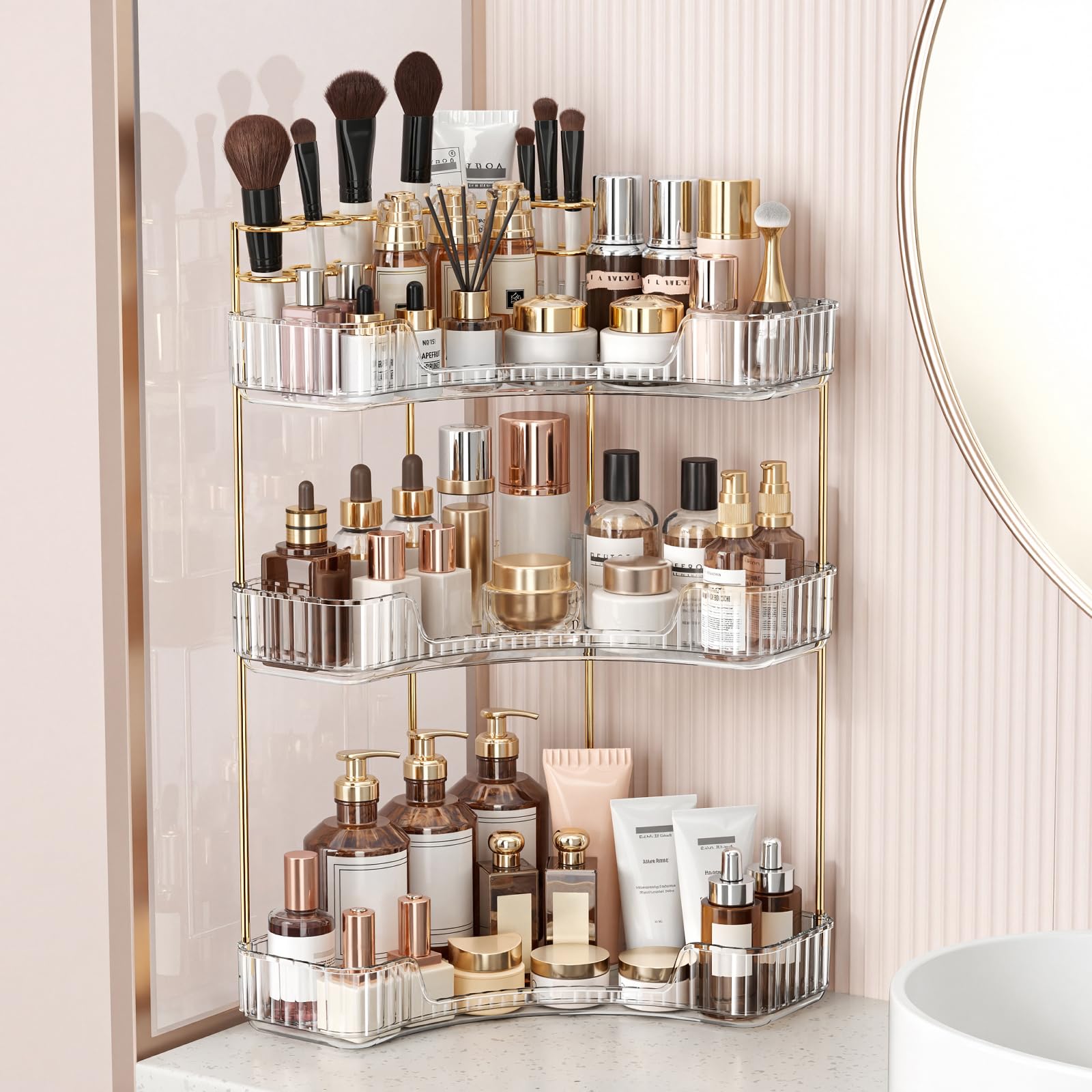 BEFSOP Corner Bathroom Counter Organizer, Upgraded 3-Tier Makeup Organizer Countertop with Makeup Brush Holder, Skincare Exquisite Vanity Organizers
