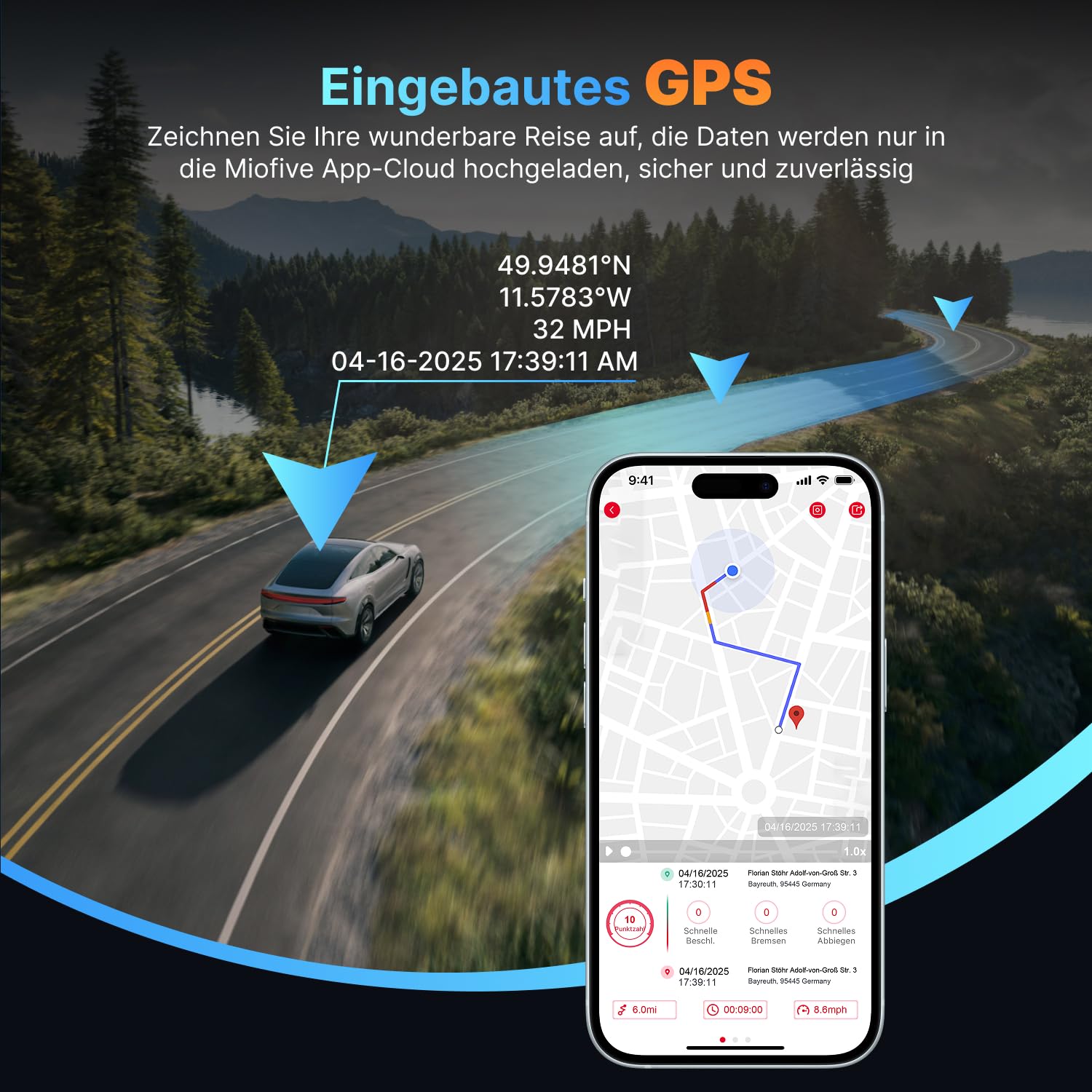 Miofive Dual Auto Kamera,Dashcam Auto mit 4K,2160 * 1440,Dash Cam Auto 5.8GHz WiFi mit 32GB SD Karte, Dual hinten Dashcam mit Nachtsicht, GPS, HDR, G-Sensor, Loop-Aufnahme, APP Steuerung, Max 512GB
