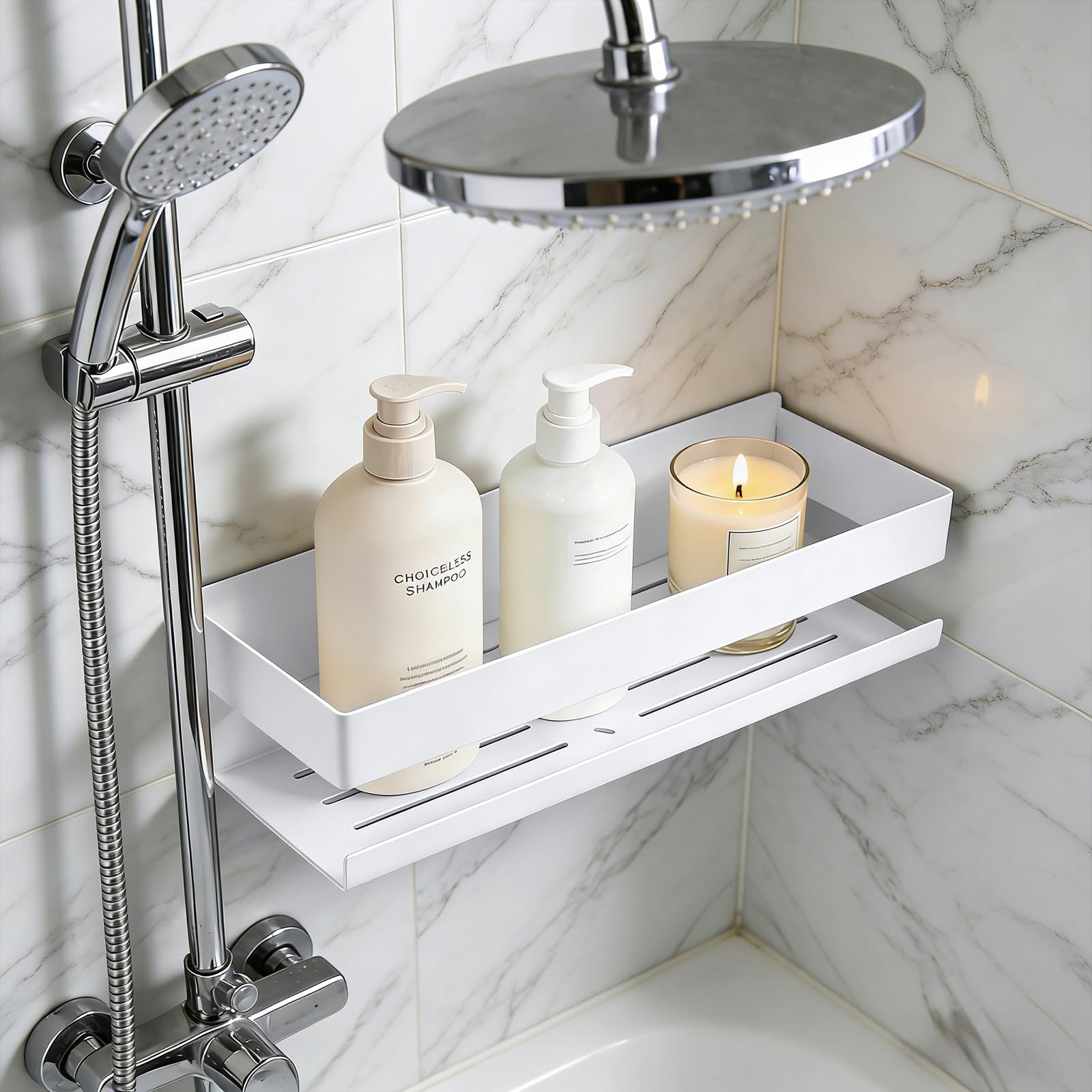 EXLECO Hoch Weiß 30cm Duschablage Ohne Bohren Duschregal Wand Edelstahl Badregal mit 4 Haken Duschkorb zum Bohren Bad Regal Badezimmer Aufbewahrung Dusch Organizer für Shampoo Duschgel 7.5cm Küche, Haushalt &