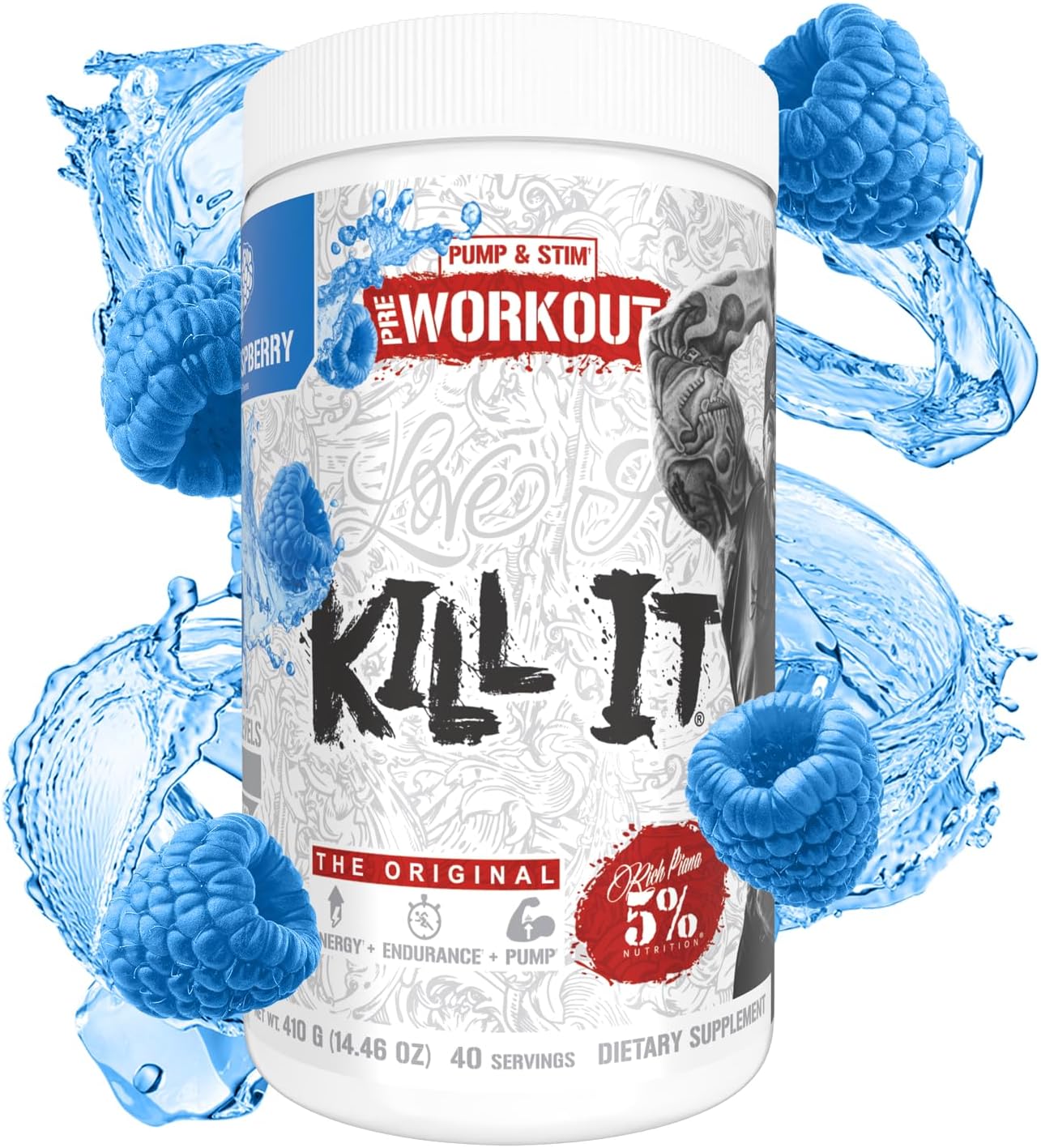 Rich Piana Kill It Pre Workout Powder w/Creatine, Caffeine, Beta Alanine, Hydroprime Glycerol for Pump, Strength, Endurance | 20/40 Srvgs (40 Servings, Blue Raspberry)
