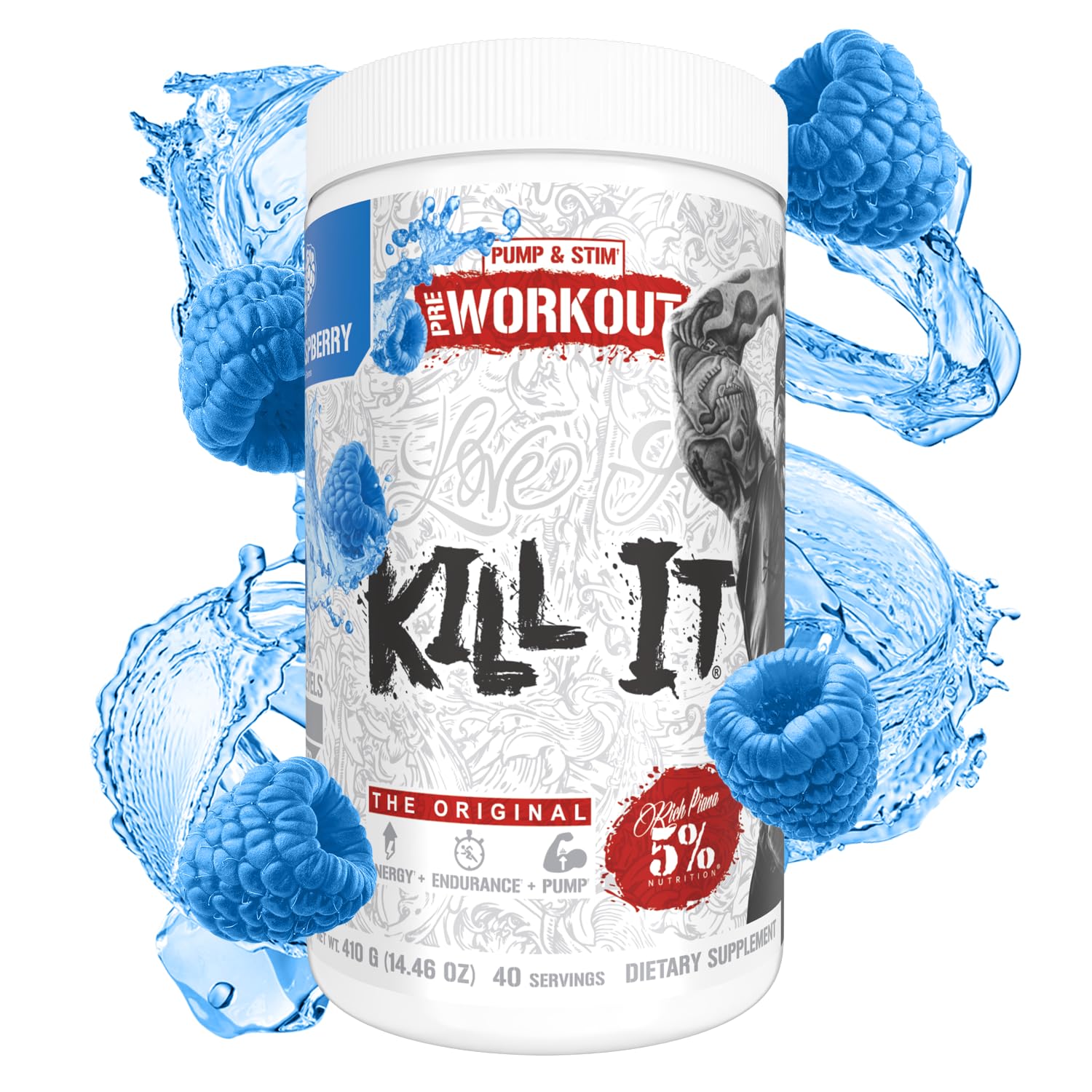 5% Nutrition Rich Piana Kill It Pre Workout Powder w/Creatine, Caffeine, Beta Alanine, Hydroprime Glycerol for Pump, Strength, Endurance | 20/40 Srvgs (40 Servings, Blue Raspberry)