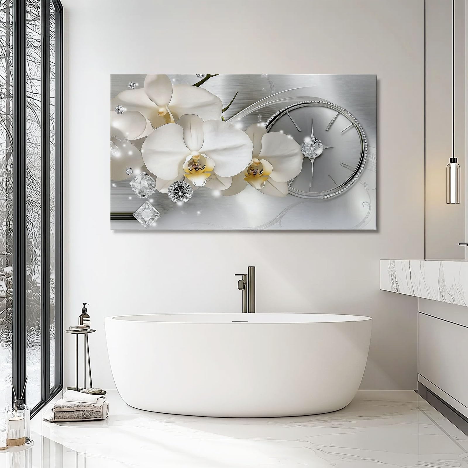 Moderno Elegante Fiori Diamanti Stampe Su Tela Bianco Quadro Moderno Soggiorno Decorazioni Camera Da Letto Bagno Cucina Ufficio Sala Da Pranzo Bar 100 x 70 cm Senza Cornice