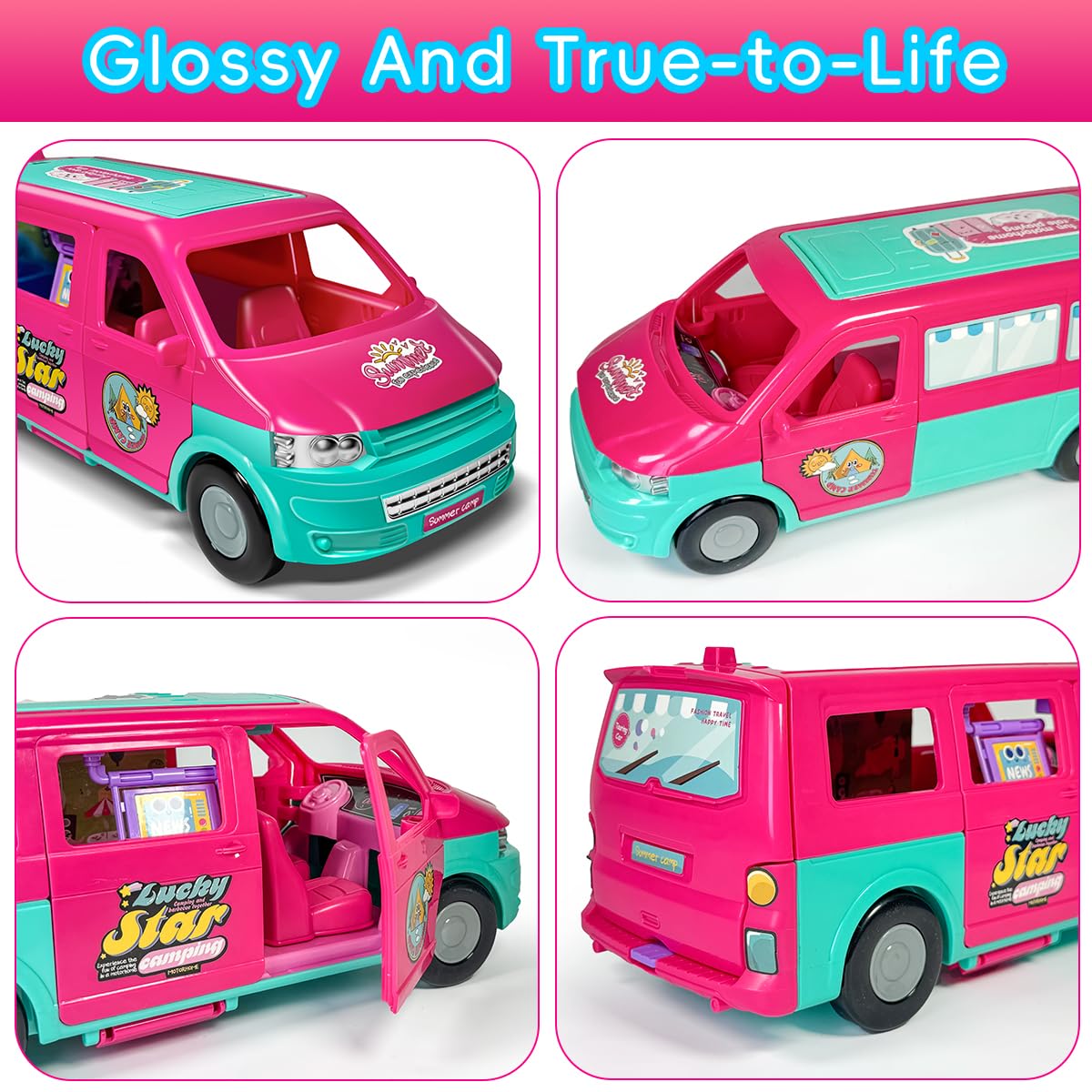 TMATCHQJOY Doll Camper Van Playset for Girls,Portable Pretend Doll Car Set for Kid,Colorful Camper Vehicle RV Van with Furniture, Pool & Accessories,Outdoor Transformable Vehicles, Toddler Toys 3+