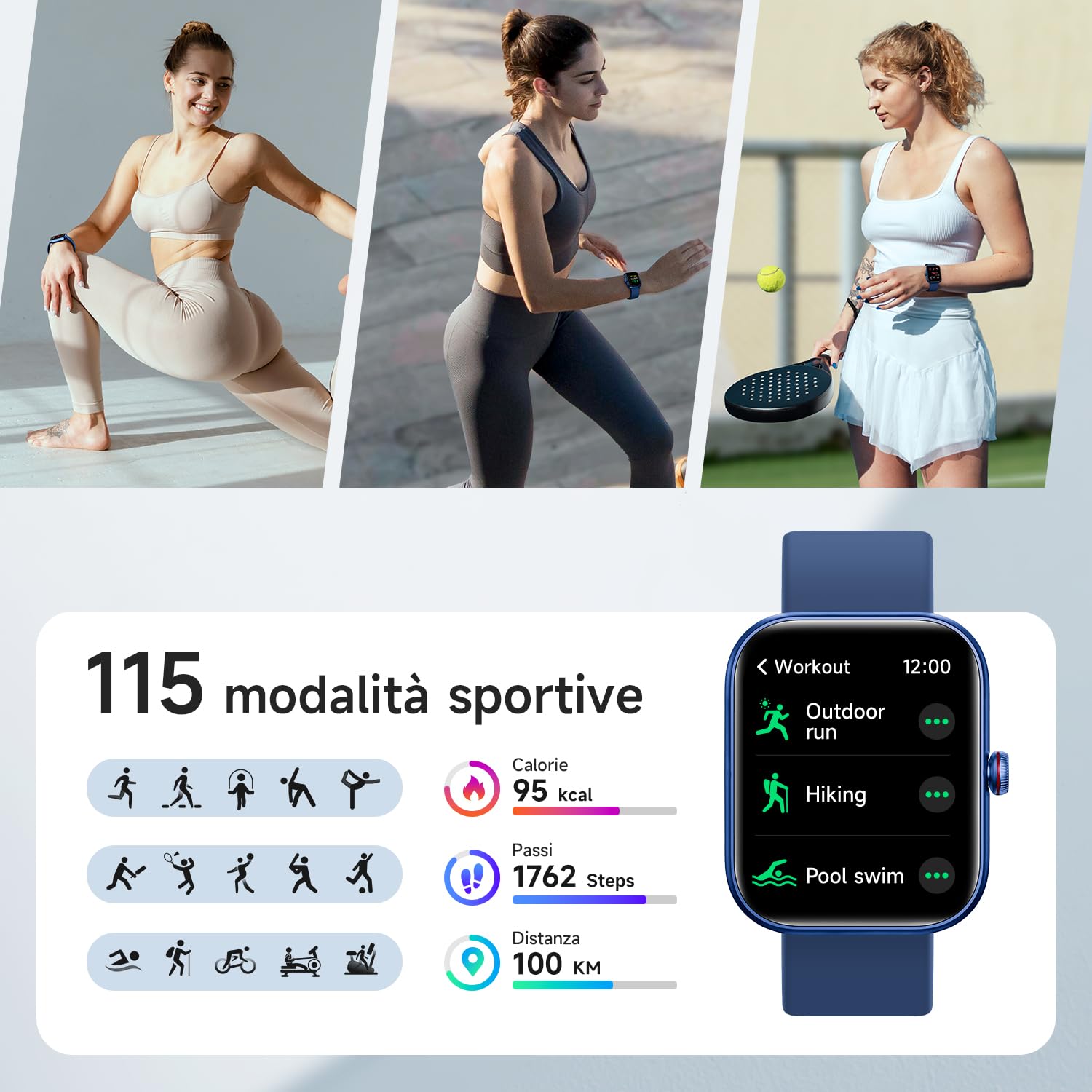 WMK Smartwatch Uomo Orologio Fitness con Rispondere effettuare Chiamate Cardiofrequenzimetro Sonno Alexa SpO2 Contapassi-IP68 Smart watch donna con 110+ Sportive Giochi per iOS Android(Blu)