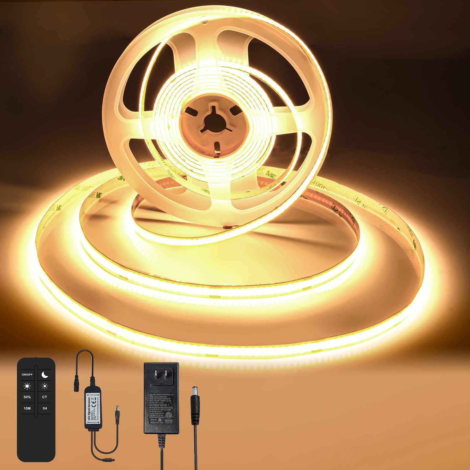 BUNACET COB LED Streifen 3M, Warmweiß 3000K Dimmbar LED Strip 24V, CRI92 Hohe Farbwiedergabe, 8mm Breite, mit Fernbedienung & Netzteil, Flexibles Lichtband für Küche, Spiegel, Wohnzimmer Dekoration