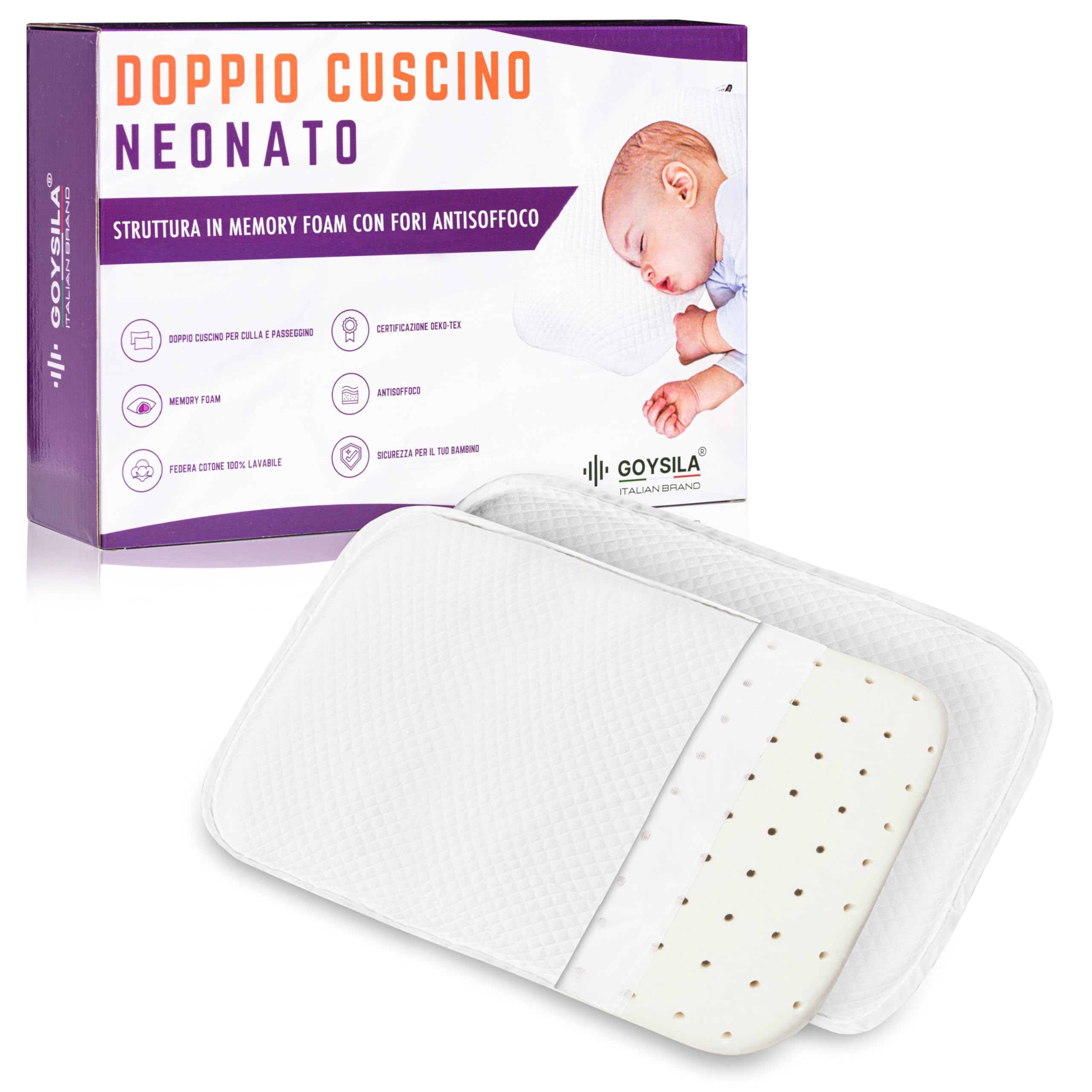 GOYSILA Lot de 2 Oreillers Bébé Coussin Enfant à Mémoire de Forme 30x20 cm Petit Oreiller Enfant Maternelle Sieste Plat Respirant Oeko Tex Enveloppe Coton Hypoallergénique Compatible Chicco Next2Me