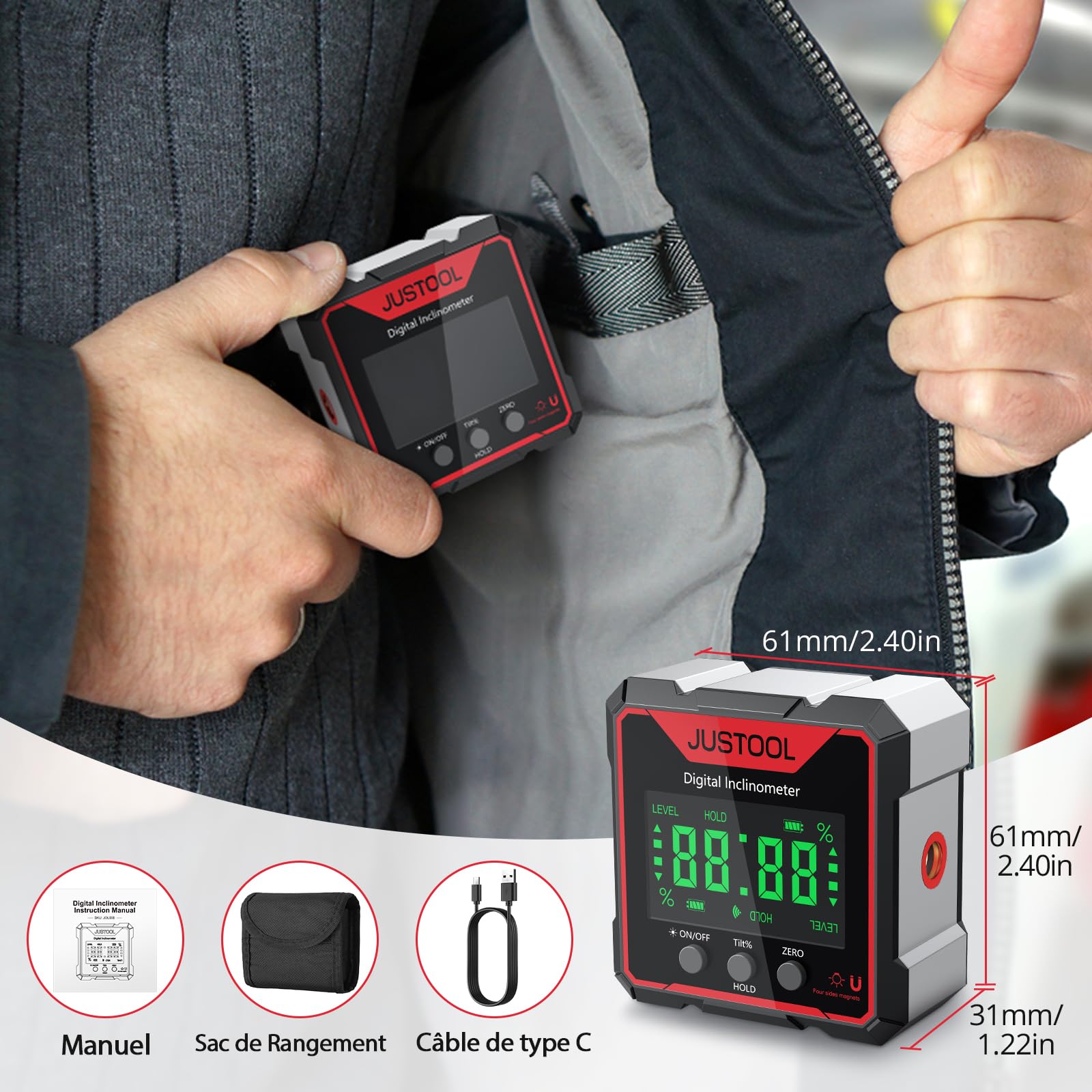 JUSTOOL 4 * 90° Inclinomètre Rapporteur LCD Numérique Inclinomètre Jauge D’angle Laser Niveau à Bulle IP54 Boîte de Niveau étanche Boîte de Nivellement Magnétique à 4 Côtés Boîte Biseautée | Inclinomètre numérique avec 4 aimants latéraux, écran LCD rétroé